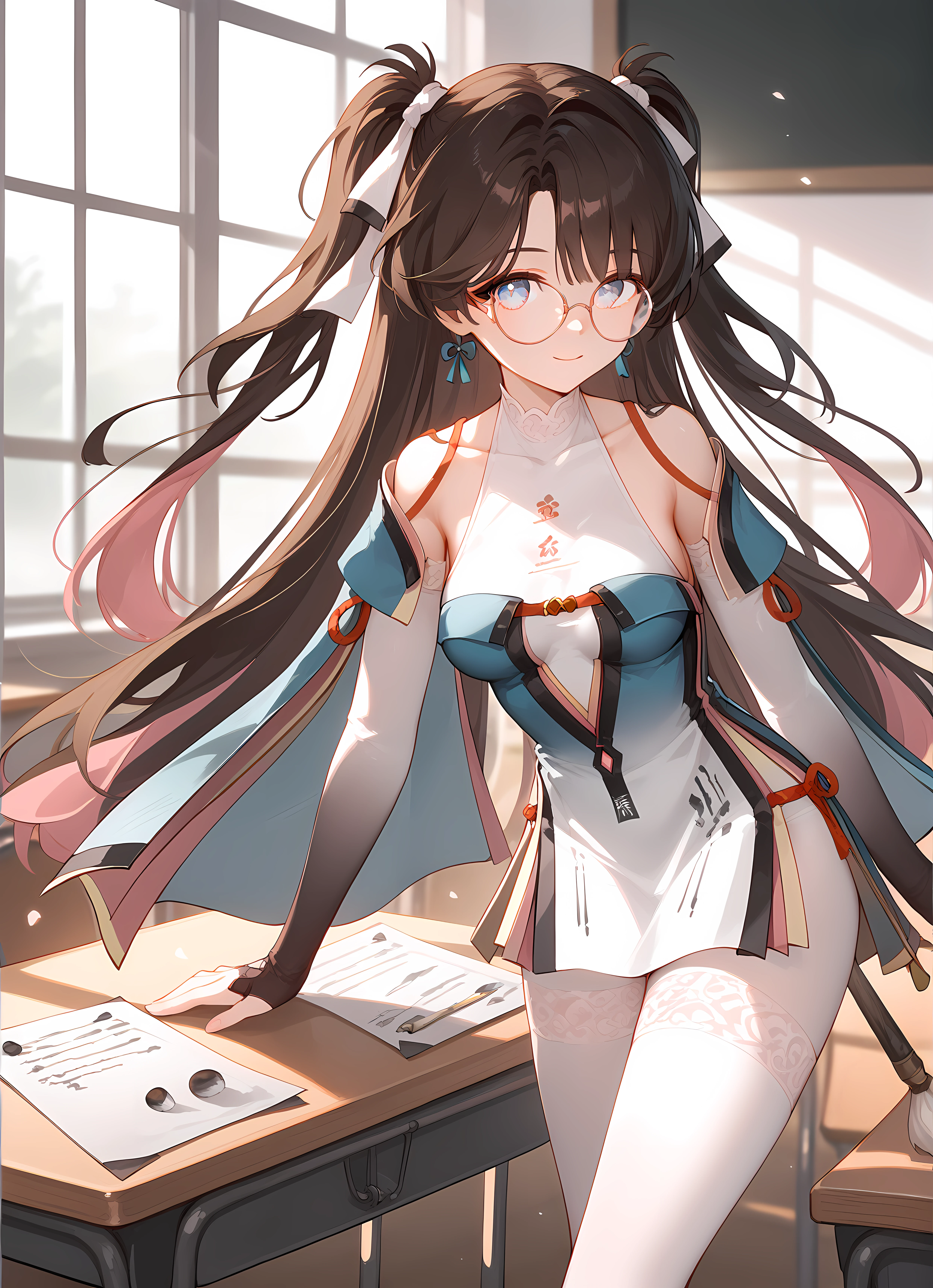 score_9,score_8_up,score_7_up,ohwx, 1girl, solo, long_hair, glasses, earrings, jewelry, breasts, ribbon, hair_ribbon, black_hair, brown_hair, multicolored_hair, two_side_up, blue_eyes, medium_breasts, round_eyewear, twintails, very_long_hair, semi-rimless_eyewear, white_ribbon, pink_eyes, pink_hair, purple_eyes,dress, bare_shoulders, paintbrush, white_pantyhose, pantyhose, chinese_clothes, clothing_cutout, thighhighs, white_thighhighs, scroll, gloves, detached_sleeves, long_sleeves,standing, leaning forward, looking at viewer, light smile, closed mouth, shiny skin, tight clothes, window, sunlight, classroom, blurry, cowboy shot, dutch angle, close-up,<lora:zhezhi_pony_sobsynapse-000003:1>