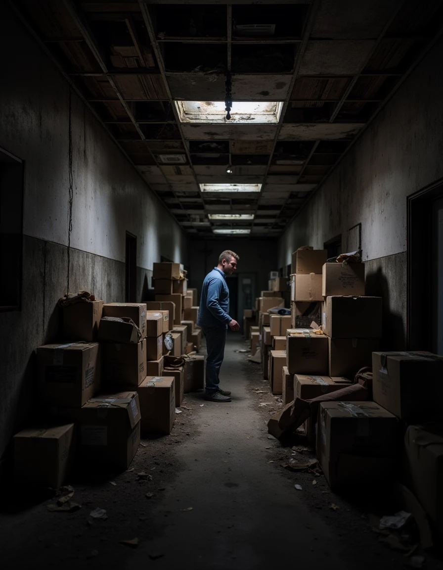 A dark, cramped basement with flickering lights, a person searching through old boxes for something important., <lora:urban_decay_v20_rank64_bf16-step02016:1>, urban_decay_rooms