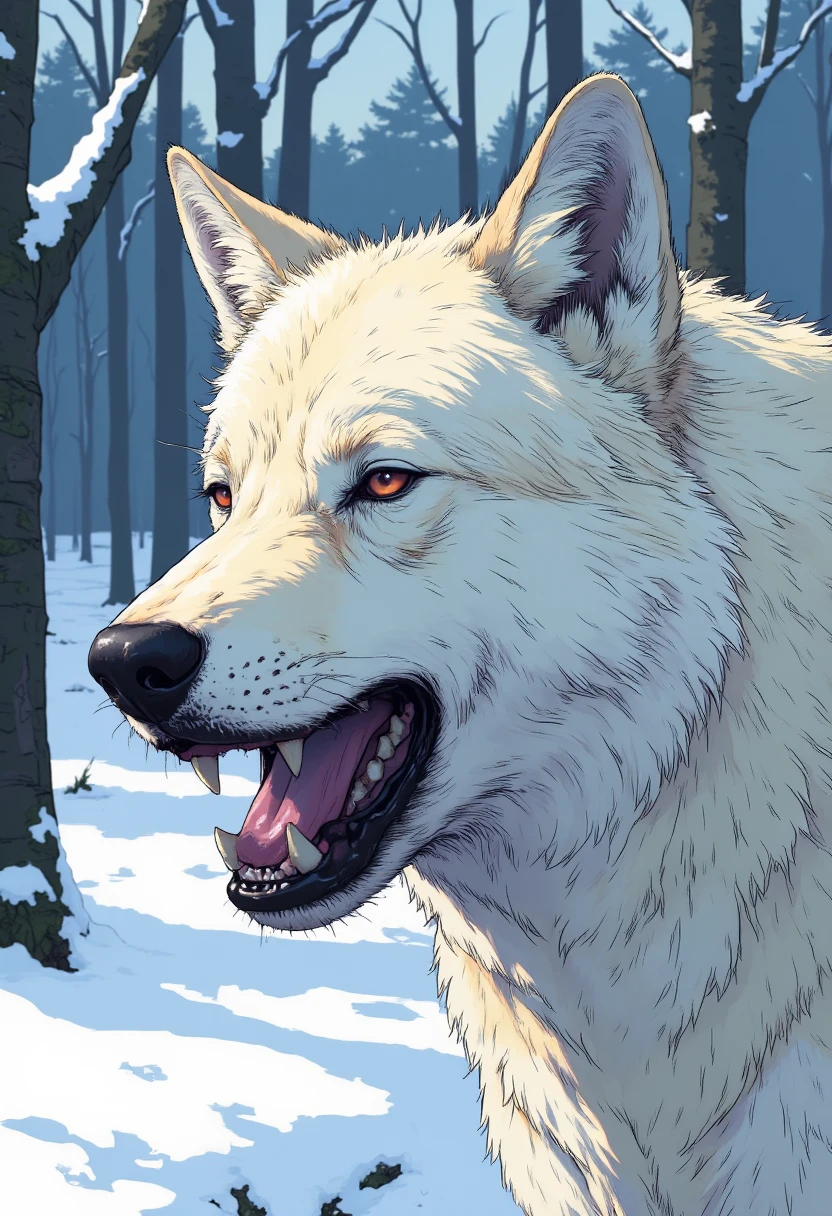 Artsy illustration style. Closeup of a Wolf's head. he is growling. Snowy forest background. Hard outlines.