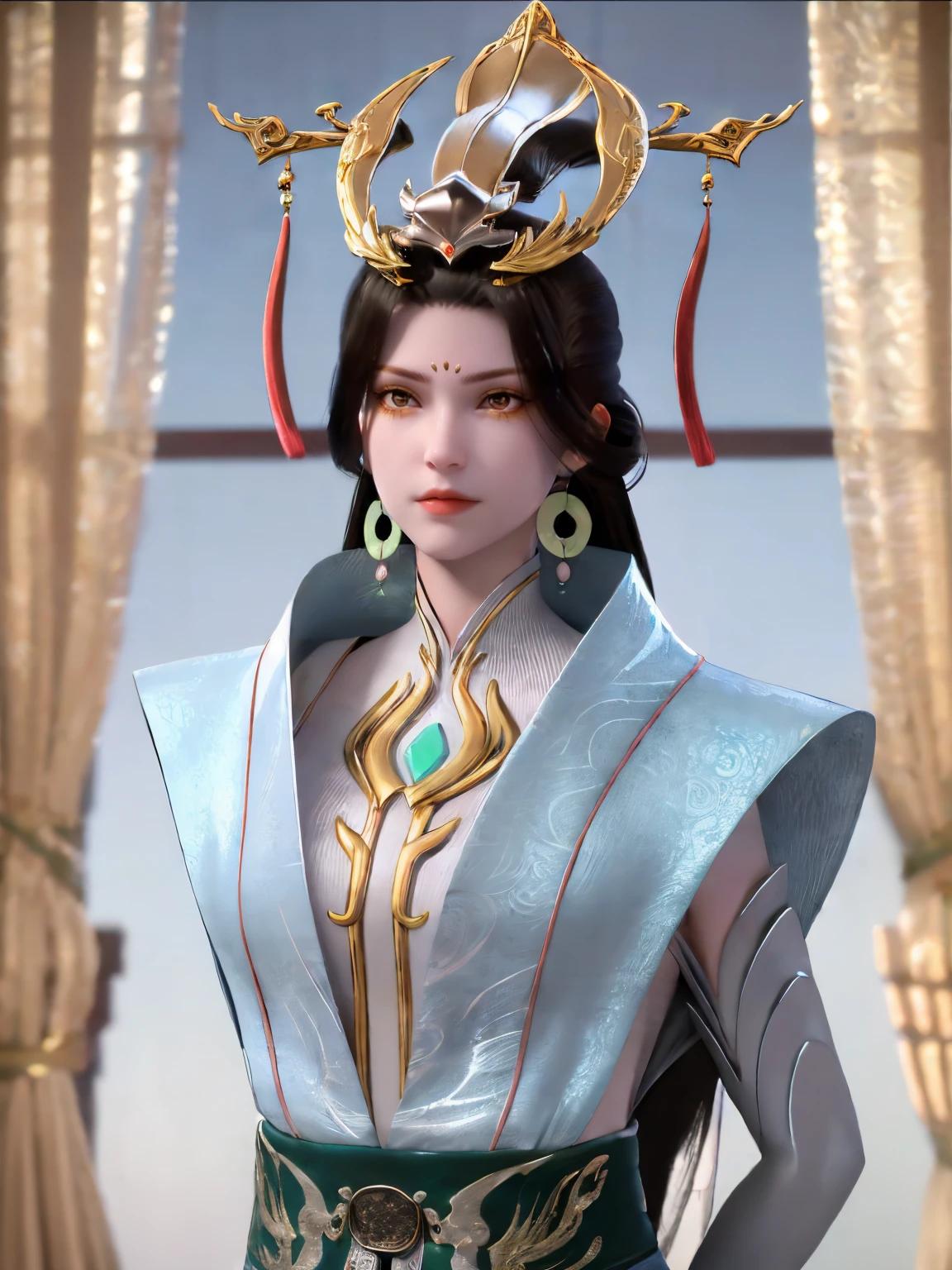 <lora:xuanxi128+64:0.9>,xuanxi,1girl,jewelry,earrings,solo,white ribbon,(red tassel hair ornament),dress,forehead mark,long hair,makeup,black hair,facial mark,closed mouth,hair ornament,shiny clothes,narrow waist,gold trim,(pale skin:1.2),shiny skin,arms behind back,looking at viewer,glowing eyes,
highres,absurdres,masterpiece,4k,8k,best quality,
simple background,marble walls,((curtains:1.1)),sunlight,face light,depth of field,upper body,shiny,sneer,