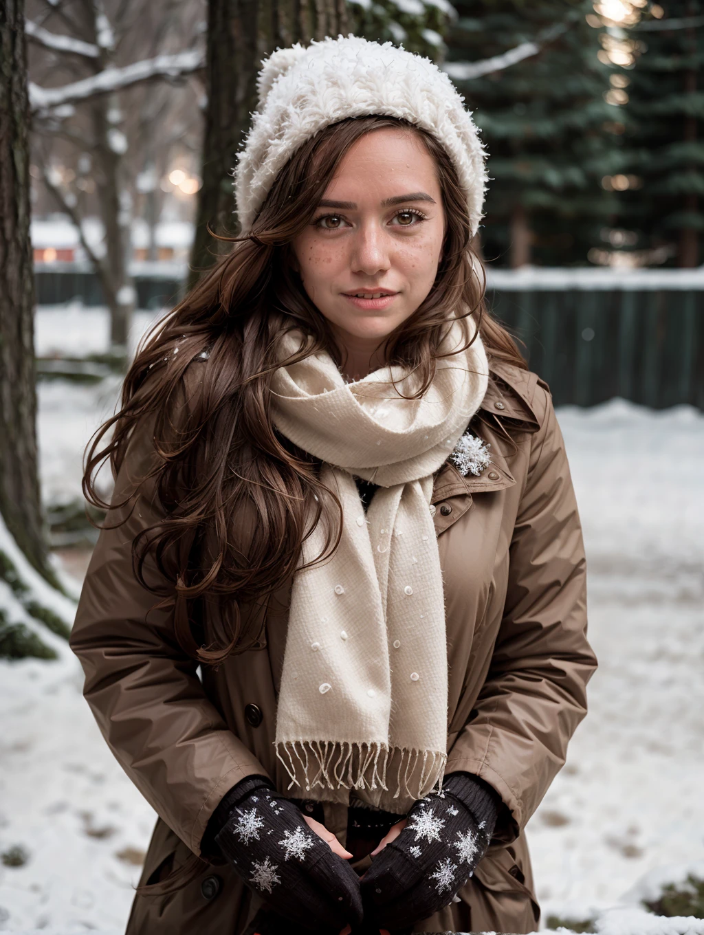 <lora:PCF_SarahKnafo_v2:1>, 1girl, solo, long hair, very long hair, upper body, outdoors, scarf, depth of field, blurry background, snow, freckles, curly hair, realistic, winter