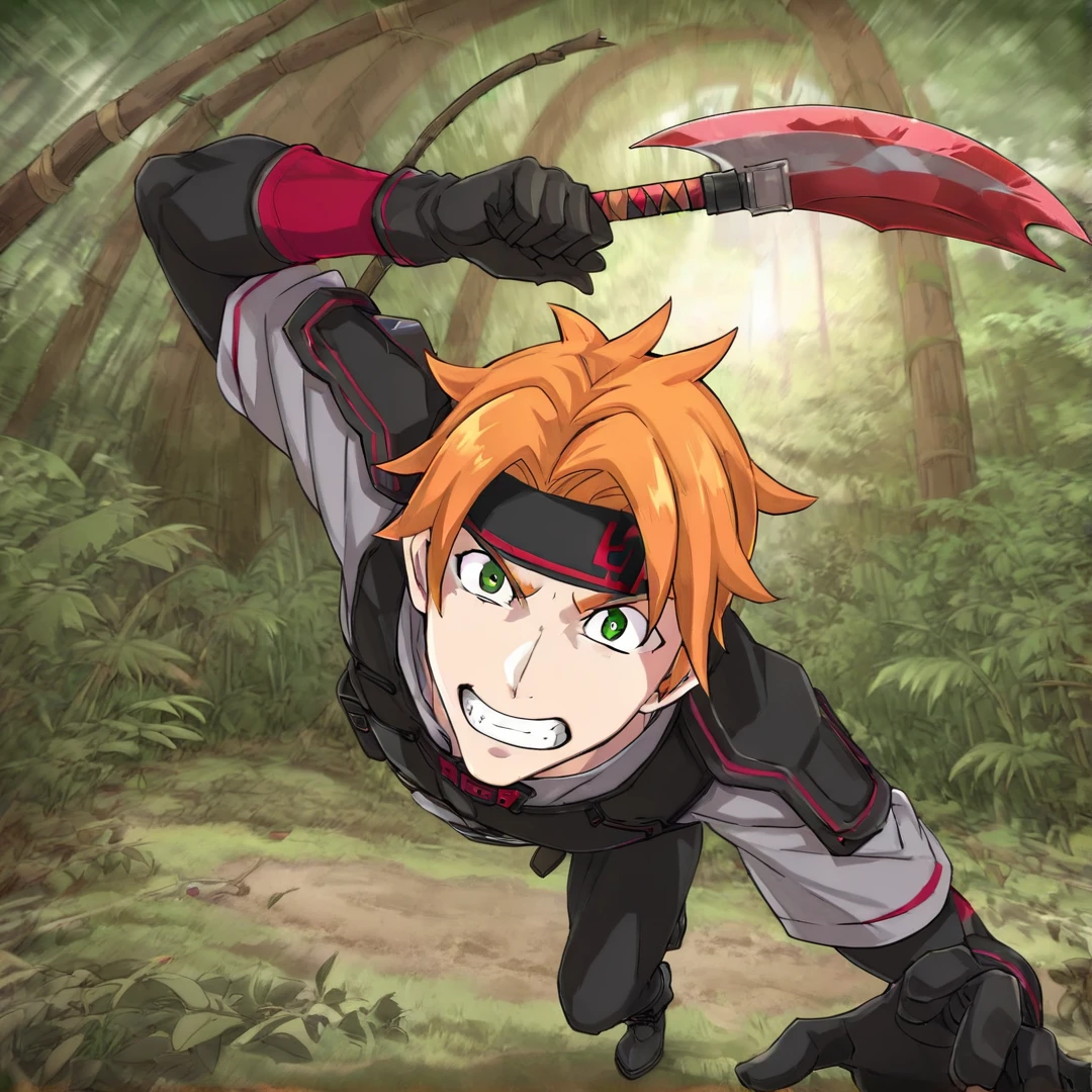 <lora:ToddFang:1>, todd, young man, short spiky orange hair, green eyes, sharp canine teeth, wears a headband, red undershirt with long sleeves, grey overshirt with short sleeves, black pants, black boots, black gloves, chest protector, shoulder pads, with small red stripes, headband with red and black color pallet, and a small red and black battle axe, solo, jungle, daytime, full body, angry, fighting