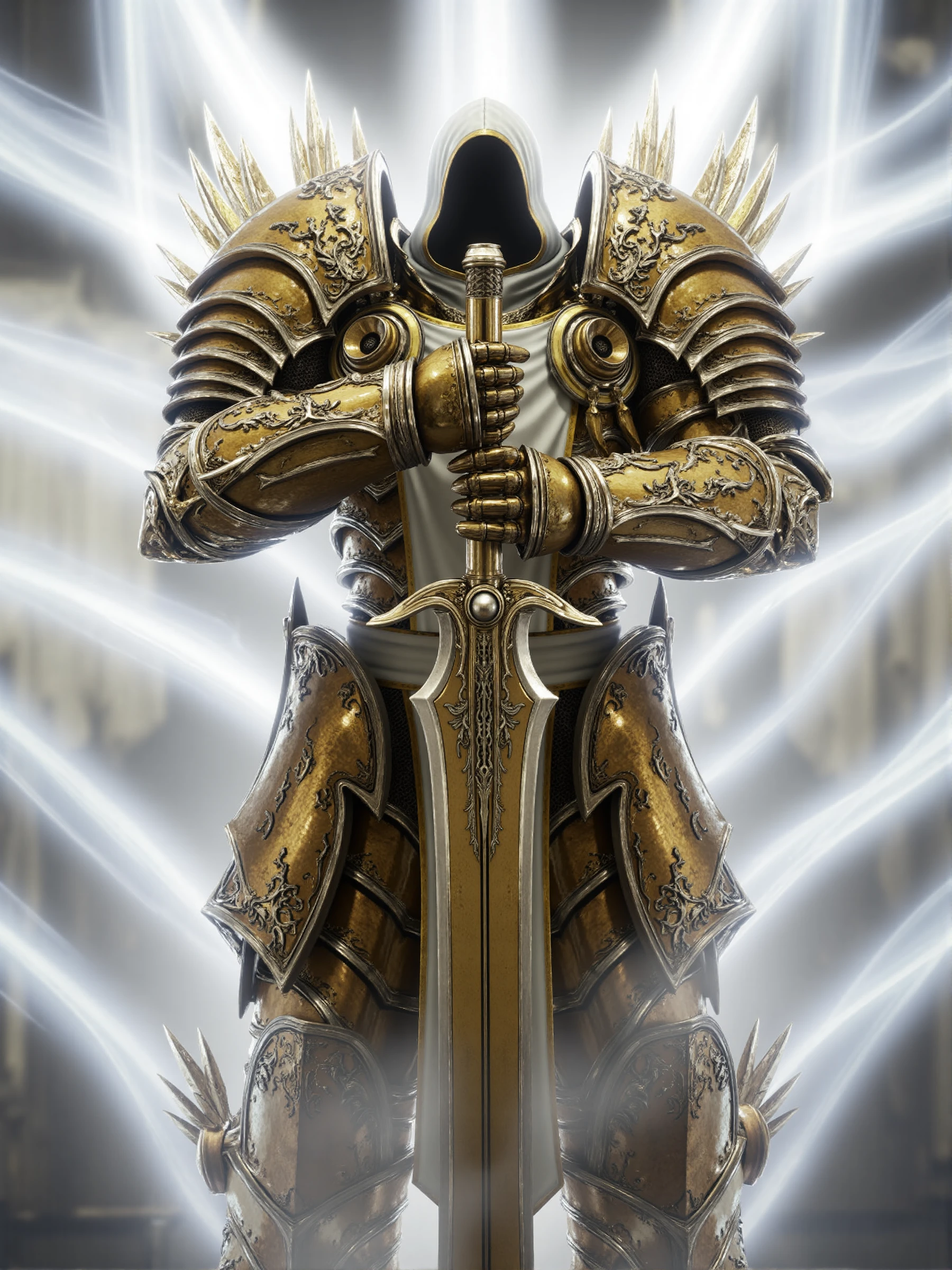 Archangel-bylaushine,a highly detailed CGI (computer-generated imagery) illustration depicting a majestic, armored warrior in a fantasy setting. The warrior, clad in intricate, golden armor, stands in a dynamic pose, with one arm raised and the other bent at the elbow, holding a sword. The armor is heavily adorned with intricate, ornate designs, including spikes and patterns that add a sense of grandeur and strength. The helmet is large and adorned with sharp, metallic spikes, enhancing the warrior's imposing appearance. The texture of the armor is metallic and reflective, with a glossy finish that catches the light, creating a sense depth and realism. The background is ethereal, featuring a blend of white and silver hues, with swirling, ethereal energy emanating from the warrior, suggesting a mystical or magical element. The overall composition is dramatic, with the warrior dominating the foreground and the ethereal background providing a sense mystery and otherworldliness. The illustration exudes a sense power and majesty, typical of epic fantasy art.