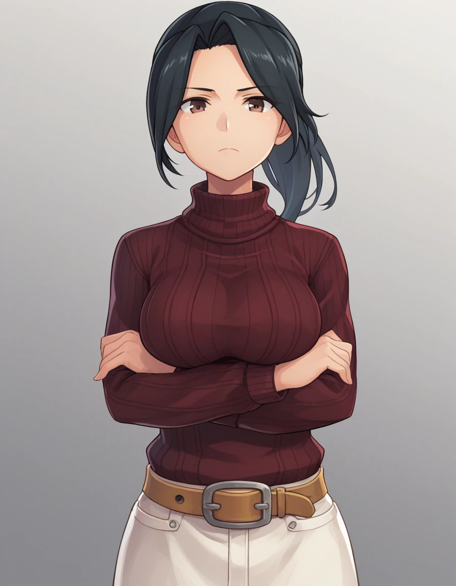 score_9, score_8_up, score_7_up BREAK 1girl, solo, yamano kaoruko, black hair, ponytail, parted bangs, brown eyes, big breasts, dark red sweater, ribbed sweater, turtleneck, white skirt, medium skirt, belt, crossed arms, arms under breasts, looking at viewer, cowboy shot, front view, gradient background, grey background <lora:yamano_kaoruko_pdxl_v1:0.8>