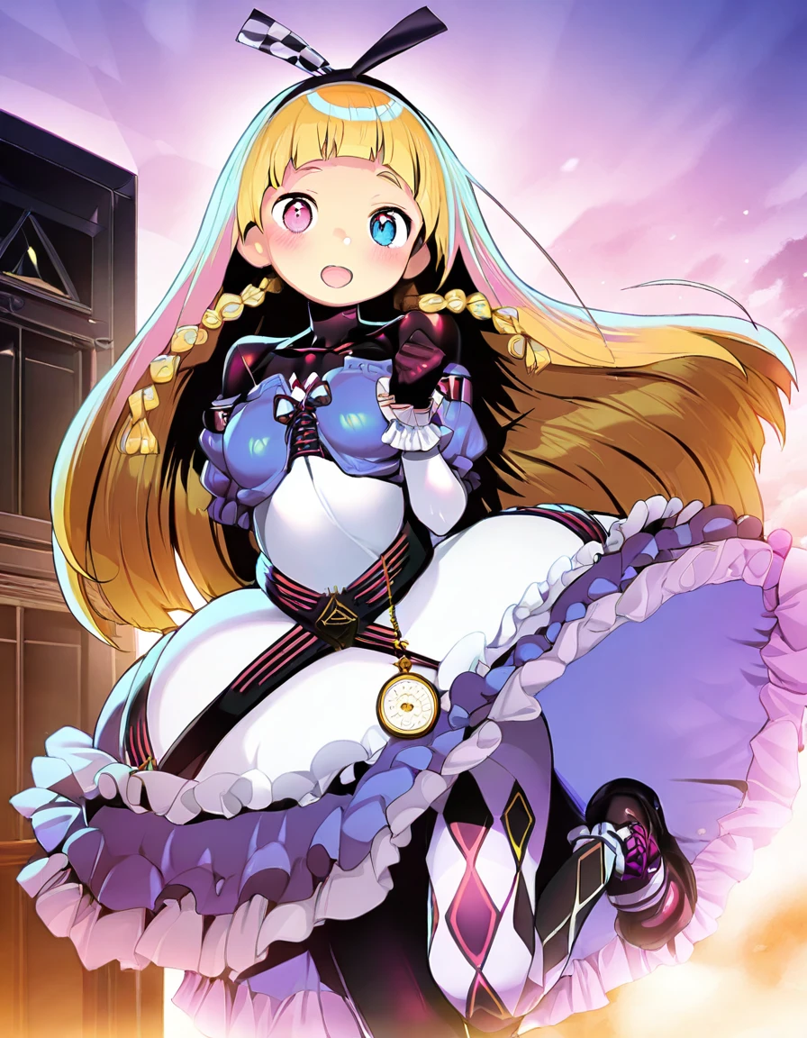 alyce_(dohna_dohna), blonde hair, long hair, pink eyes,blue eyes,heterochromia,twin braids, blunt bangs, side braids,
black hairband, bodysuit under clothes, black bodysuit, frilled dress, black gloves, argyle clothes, blue dress, white dress, watch, pocket watch, black footwear, frills, argyle legwear, pantyhose,two-tone dress, shoes, cross-laced dress, puffy sleeves, short sleeves, long sleeves, ribbon
<lora:alyce_(dohna_dohna)_Illustrious-XL_v1:1>
standing, dynamic pose ,
open mouth, blush,light smile
looking at viewer,(cowboy shot,:1.3),
outdoors,, masterpiece,best quality,very aesthetic,absurdres,safe, newest
1girl,solo,