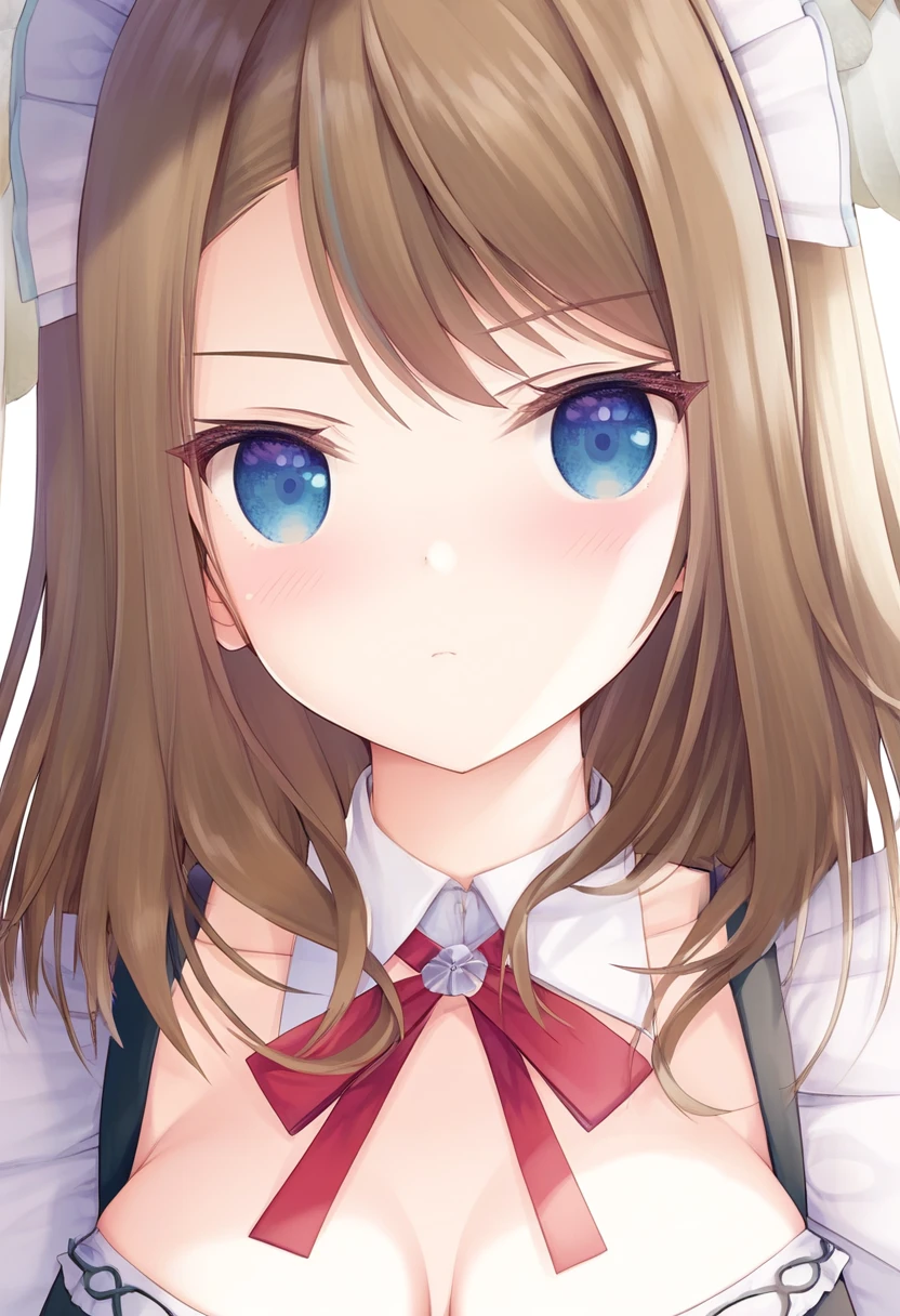 sousouman, masterpiece, best quality, good quality, 1girl, solo, upper body, maid, headdress, eunie, blue eyes, medium hair, head wings, white background<lora:eunie illustrious 003:1>