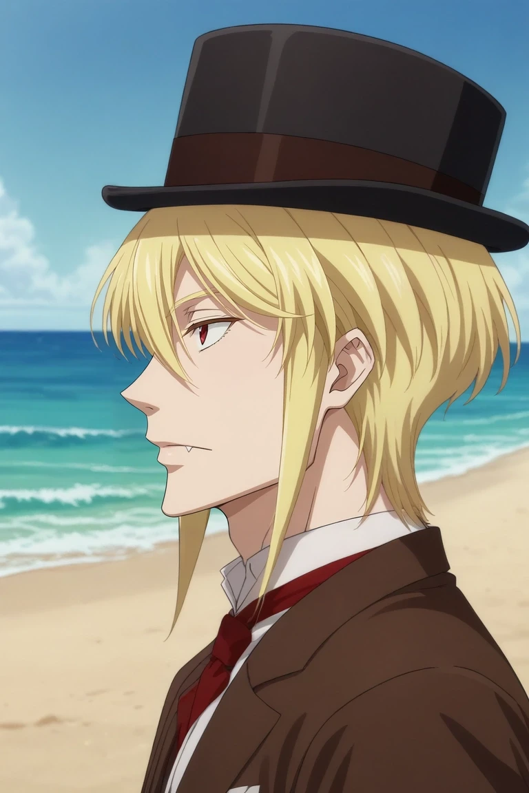 score_9, score_8_up, score_7_up, source_anime, rating_safe, , anime screencap, , official style, , depth of field, 1boy, solo, male focus, <lora:william_james_moriarty_pony:1>, william_james_moriarty, blonde hair, red eyes, short hair, , top hat, , profile, beach, ocean, waves, island, indoors, dark, yoga, skin fang, , <lora:sdxl_lightning_8step_lora:1>