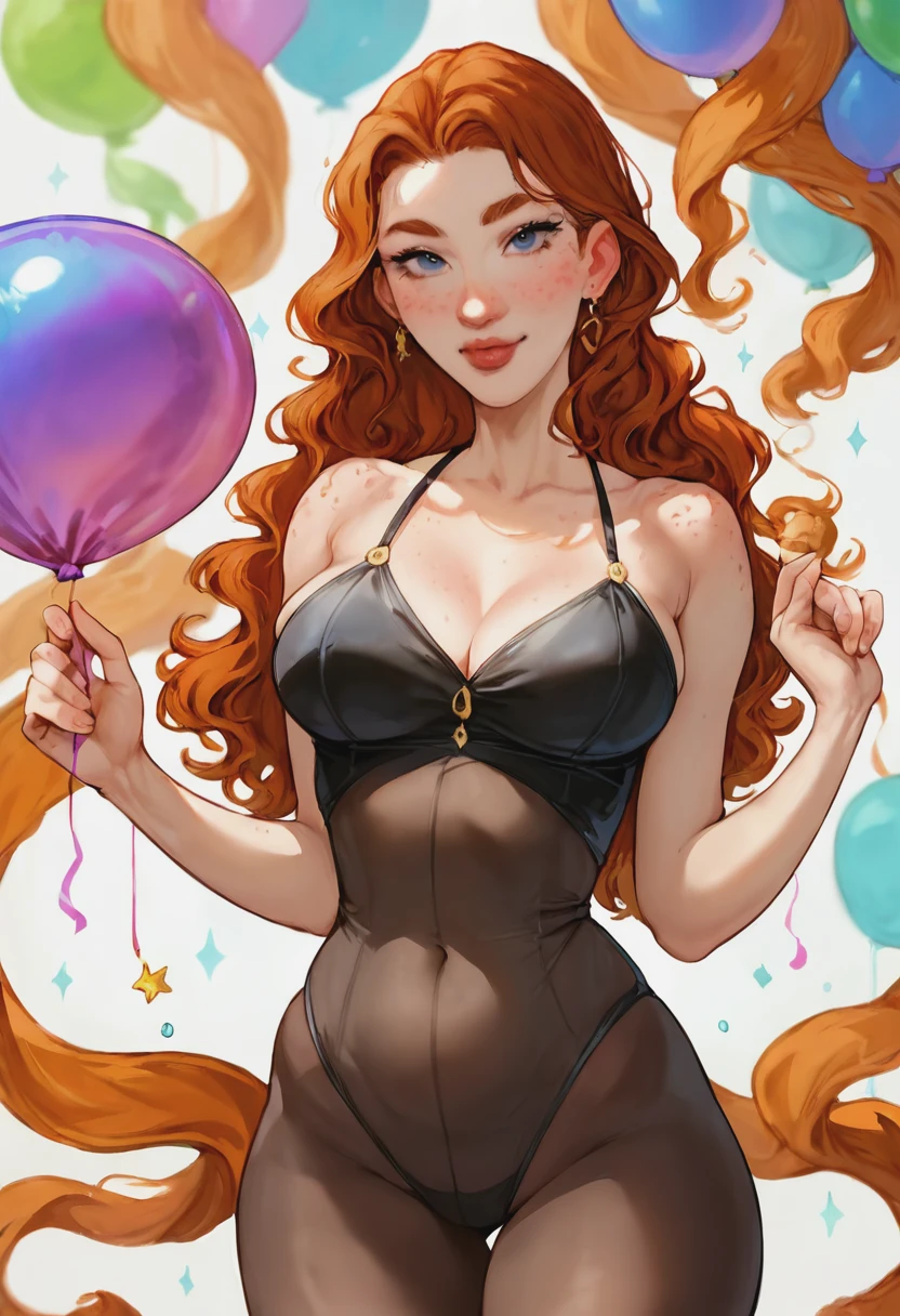 score_9, score_8_up, score_7_up, 1girl, mature_female, portrait, solo, Posing as if holding a big balloon, fisheye, (Apricot Body Stocking), Ginger hair, cowboy_shot, rating_safe, <lora:pony\artist_styles\aroma_sensei_pony:1.0>