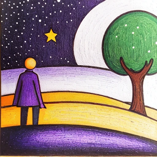 <lora:Naive_Storybook_Nouveau:1> ArsMJStyle, Naive Storybook Nouveau, The image shows a painting of a person standing in front of a tree with a sky full of stars and a moon in the background., solo, shirt, traditional media, 1other, from behind, standing, sweater, long sleeves, skirt, purple shirt