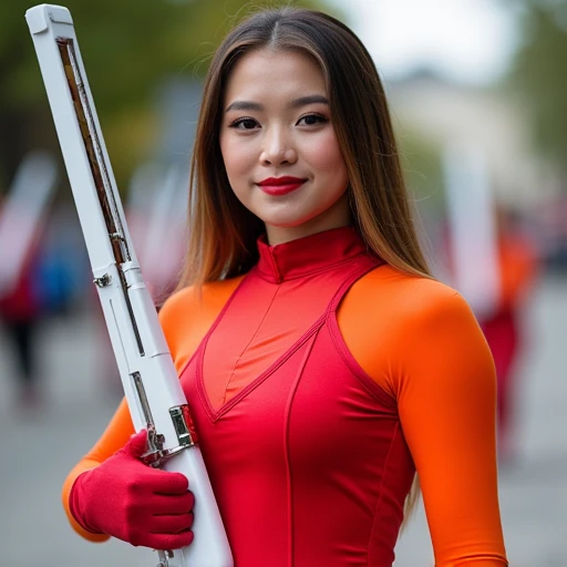 photo of an 18 year old young woman wearing a red and orange colorguard costume. She is holding a white colorguard rifle