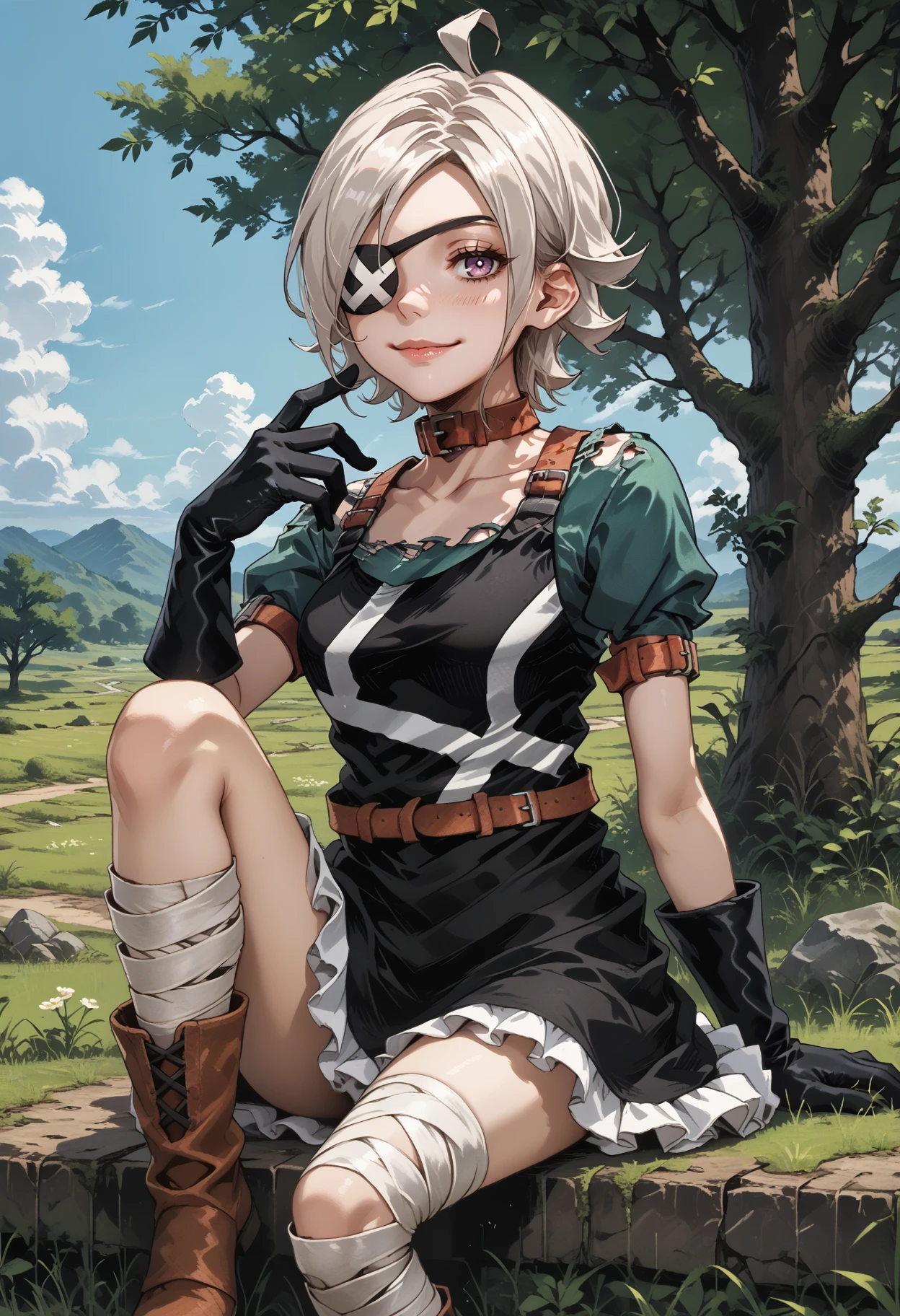 score_9, score_8_up, score_7_up, source_anime, 1girl, sitting, knee up, looking at viewer, smile, closed mouth, <lora:TataraSH2-pdxl:1> tara, white hair, short hair, ahoge, lavender eyes, eyepatch, collar, black pinafore dress, green shirt, puffy short sleeves, medium breasts, black gloves, brown belt, frills, bandaged leg, grass, tree, sky, day