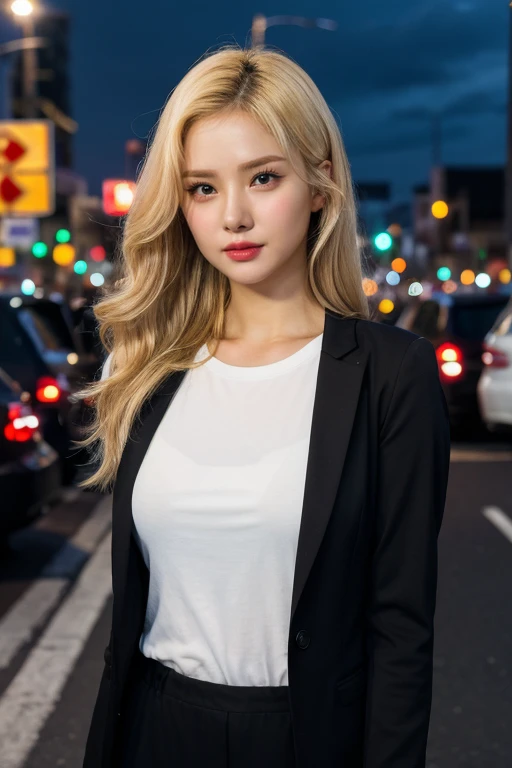 masterpiece, best quality, ultra-detailed, ultra high res, (photorealistic:1.4), raw photo, (realistic:0.2), CG, 8k HDR, perfect lighting, 1girl, solo, looking at viewer, (plain t-shirt, blazer, pant suit), outdoor, (city, busy street), night, scattered cloud, aurora sky, upper body, lower body, asymmetrical long hair, blonde hair, (detailed oily skin), (detailed face), (detailed background :1.1), cold weather,