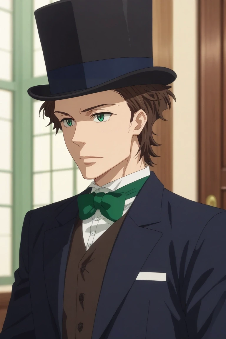 score_9, score_8_up, score_7_up, , rating_safe, , anime screencap, , , , , 1boy, solo, male focus, <lora:albert_james_moriarty_pony:0.96>, albert_james_moriarty, brown hair, green eyes, short hair, top hat, , , , <lora:sdxl_lightning_8step_lora:1>