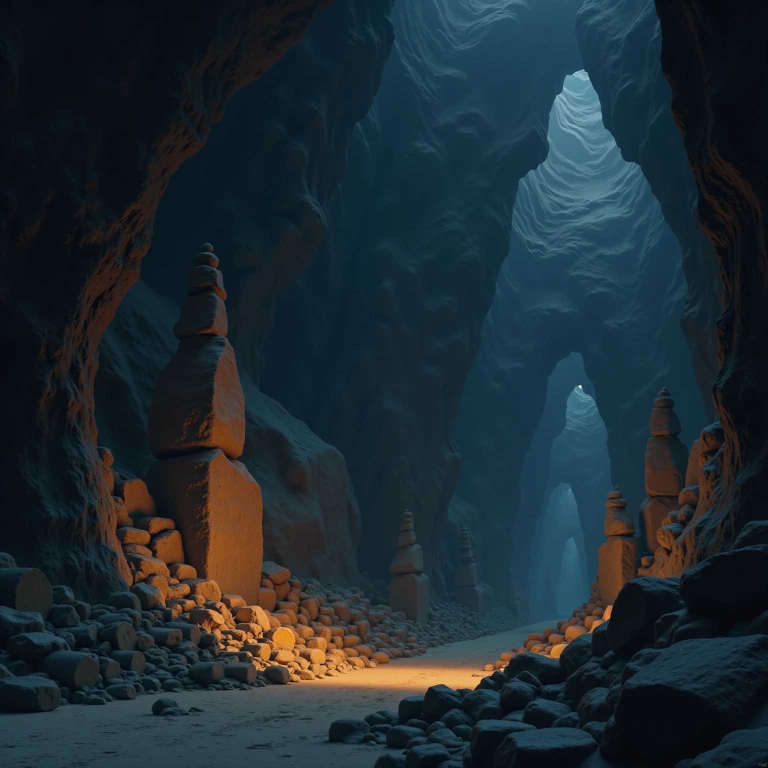 <lora:Elemental_Planes-Earth:1>, elementalplaneearth, This image is a digital artwork depicting a dark, cavernous environment with a mystical, eerie atmosphere. The scene features a series of jagged, rocky formations that jut out from the ground and ceiling, creating a sense of depth and mystery. The background is dominated by deep, dark blues and blacks, giving the impression of a vast, underground space. The foreground is illuminated by a warm, orange light that casts dramatic shadows, highlighting the rough textures of the rocks and adding a sense of depth to the scene. 
In the center-left portion of the image, there is a pile of wooden logs and debris scattered on the ground, suggesting a recent disturbance or perhaps a campsite. The rocks and formations vary in height and shape, with some appearing to be natural, while others have a more man-made or sculpted appearance, hinting at a possible ancient or mythical setting. The overall color palette is dominated by dark blues and blacks, with occasional splashes of orange light, creating a stark contrast that emphasizes the dark, foreboding nature of the environment. The scene is devoid of any living creatures or human figures, enhancing the sense of isolation and mystery.