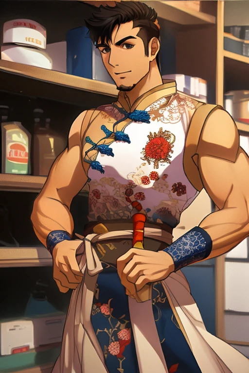 (masterpiece),(best_quality),1boy,Kongouzu,bare shoulders,china dress,blue bracer,brown belt,bara,<lora:Kongouzu:1>,