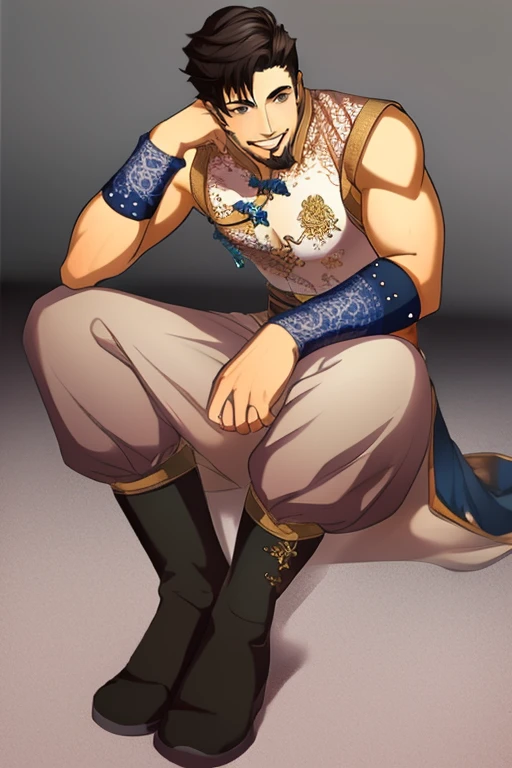 (masterpiece),(best_quality),1boy,Kongouzu,goatee,bare shoulders,china dress,brooch,blue bracer,beige pants,gold trim,boots,sitting,bara,smile,<lora:Kongouzu:1>,