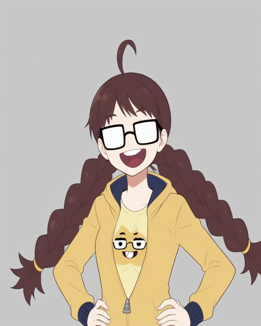 <lora:NerdEmojiGirl-wanderjegson:1>, NerdEmojiGirl, brown hair, twin tails, long hair, opaque glasses, simple eyes, small eyes, shirt, yellow hoodie, unzipped hoodie, open hoodie, hands on hips, standing, smiling