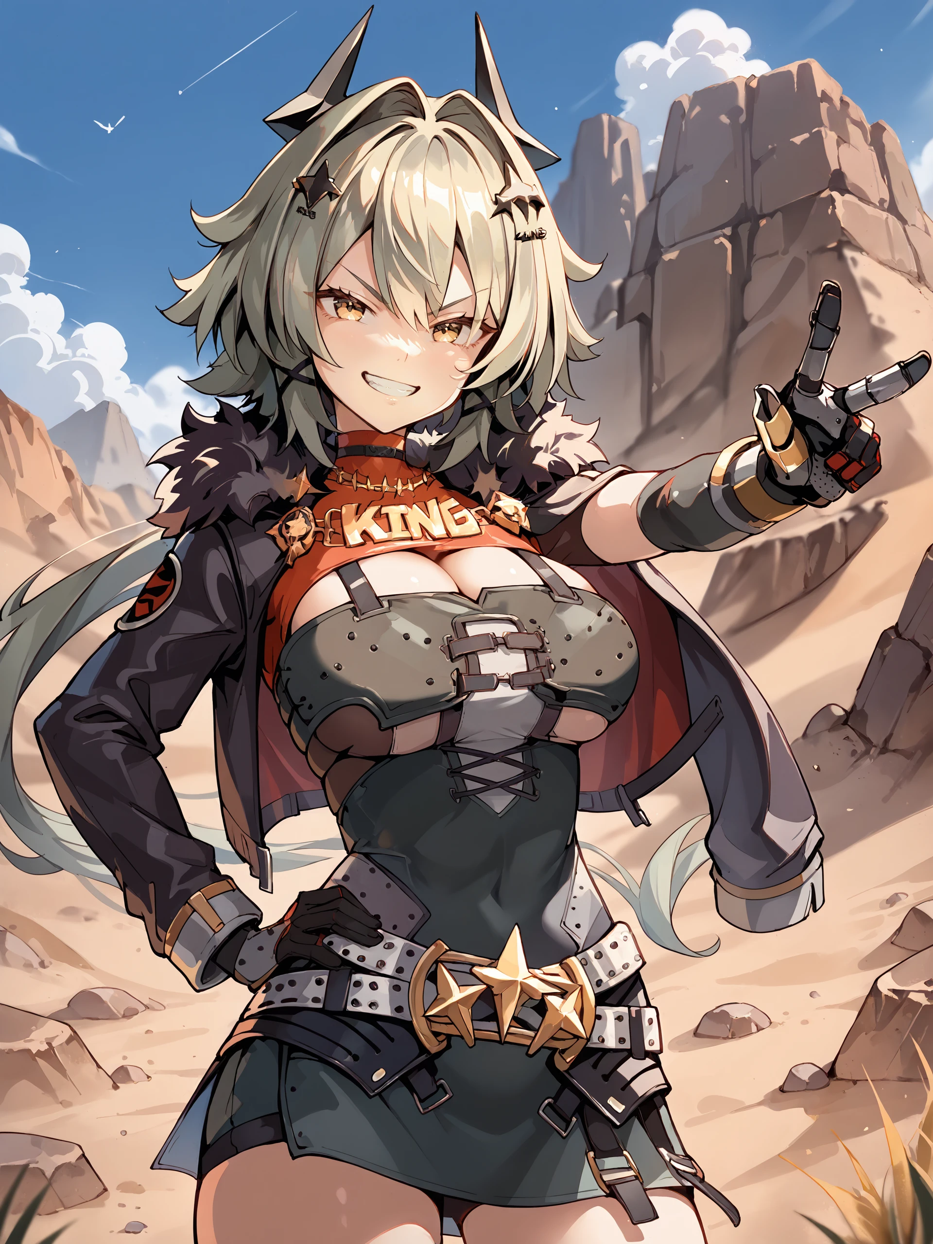 1girl, caesar king \(zenless zone zero\), horns, x hair ornament, hairclip, turtleneck sweater, mechanical arms, pencil dress, fur-trimmed jacket, arm out of sleevecowboy shot, standing, grin, v-shaped eyebrows, looking at viewer, hand on hip, outdoors, desert <lora:Char-ZZZ-Caesar-Pony-V1:1>, score_9, score_8_up, score_7_up, source_anime