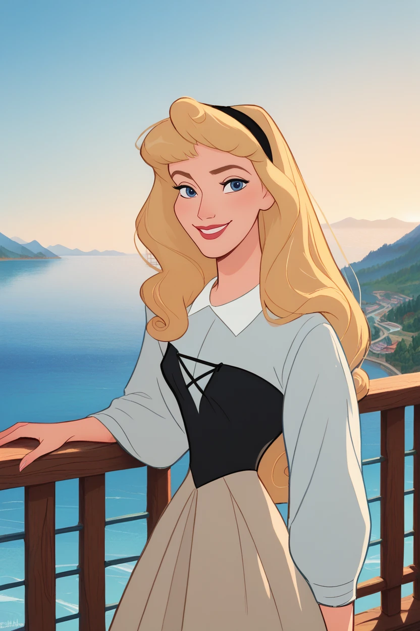 score_9, score_8_up, score_7_up,
<lora:DisneyAurora:0.8>
DisneyAurora, 1girl, blonde hair, blue eyes, long hair, looking at viewer, soft smile, standing on balcony, leaning on railing, overlooking ocean, gentle breeze, sunset