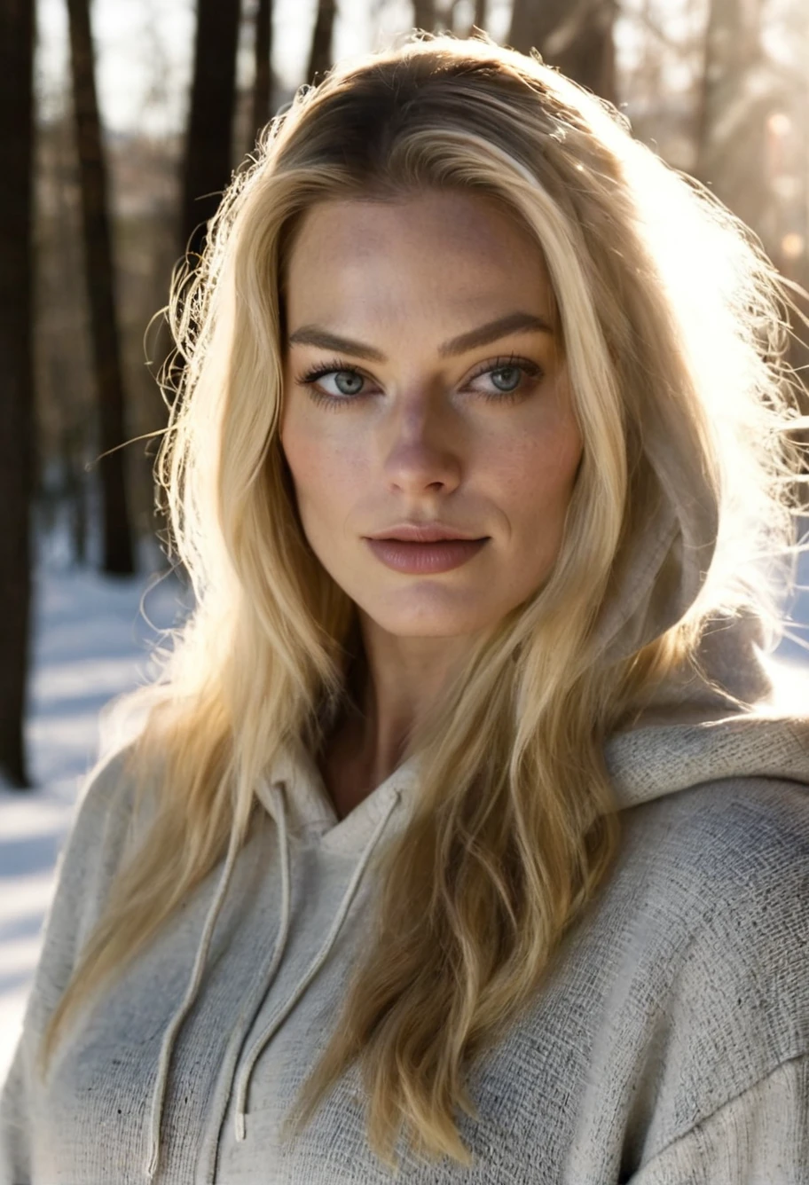 a beautiful picture of m4rgot,blonde hair, long hair,upper body, photorealistic, woman, detailed face, backlighting, light, RAW color photo,(fully in frame:1.1), looking at viewer,(goosebumps:0.5),wearing a hoodie,outdoors,snow, <lora:m4rgot (19):1>