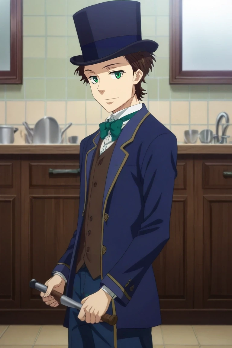 score_9, score_8_up, score_7_up, source_anime, rating_safe, , anime screencap, , official style, looking at viewer, , 1boy, solo, male focus, <lora:albert_james_moriarty_pony:1>, albert_james_moriarty, brown hair, green eyes, short hair, top hat, aged down, asymmetrical, kitchen, dusk, holding weapon, naughty smile, , <lora:sdxl_lightning_8step_lora:1>