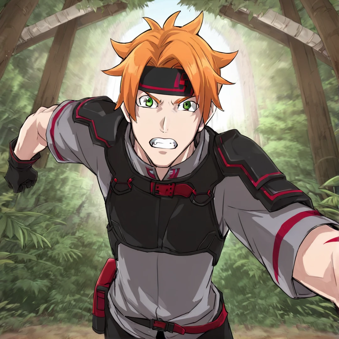 <lora:ToddFang:1>, todd, young man, short spiky orange hair, green eyes, sharp canine teeth, wears a headband, red undershirt with long sleeves, grey overshirt with short sleeves, black pants, black boots, black gloves, chest protector, shoulder pads, with small red stripes, headband with red and black color pallet, and a small red and black battle axe, solo, jungle, daytime, full body, angry, fighting