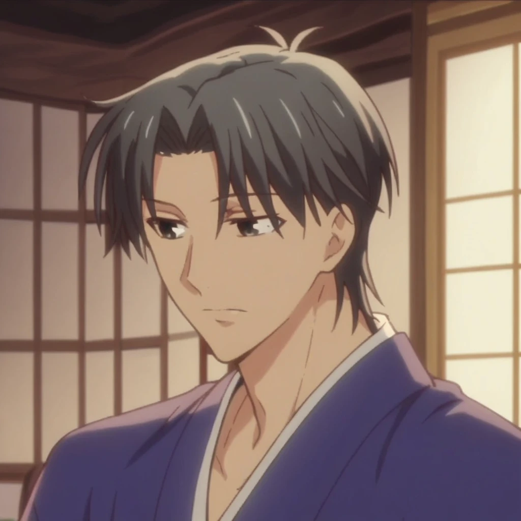 score_9, score_8, score_7, source_anime, anime screencap, 1boy, male focus, shigure_sohma, black hair, black eyes, indoors, kimono, upper body