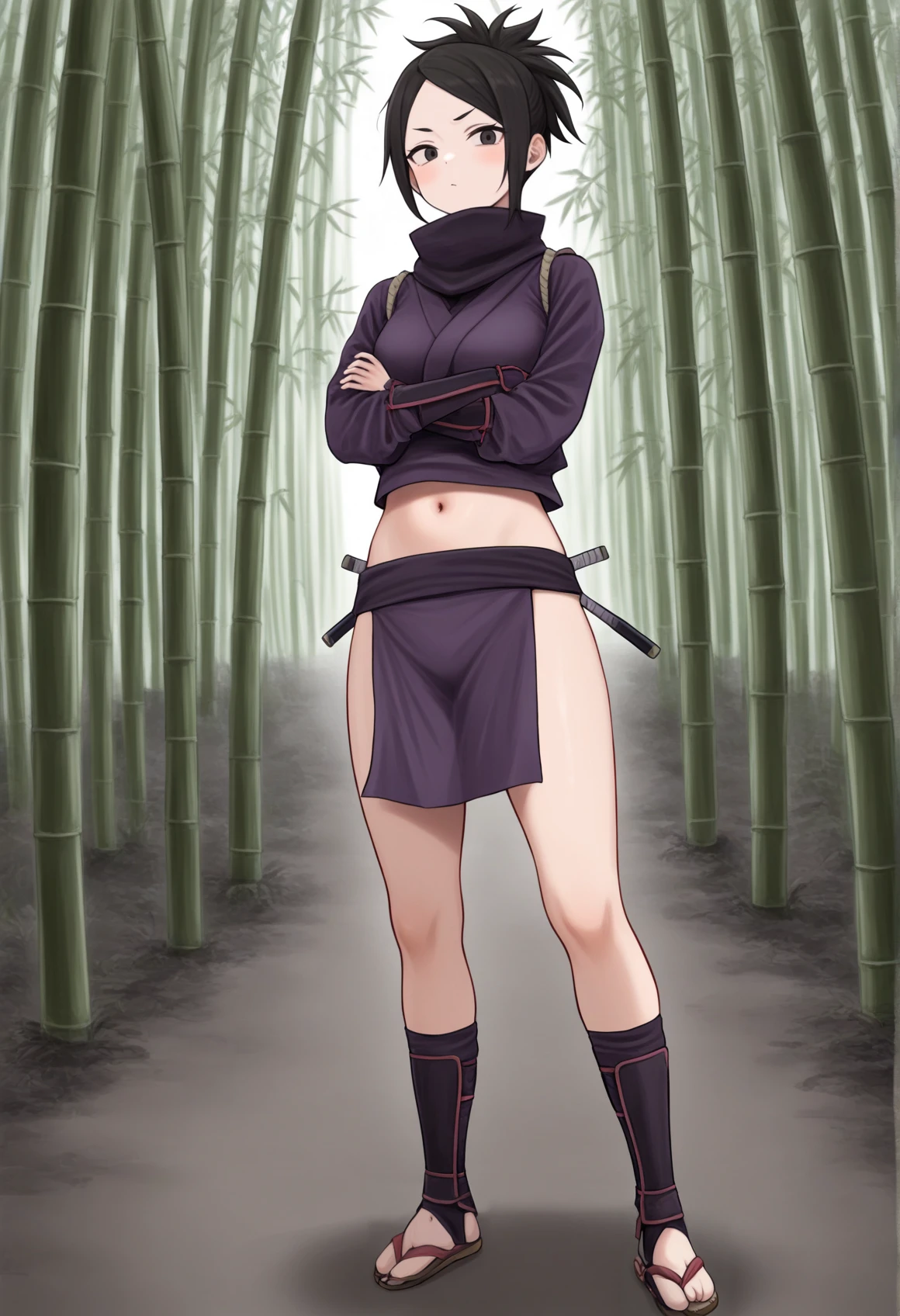 1girl, solo, short hair, black hair, black eyes, ayame5, ninja, japanese clothes, long sleeves, navel, pelvic curtain, socks, sandals, outdoors, bamboo forest, crossed arms, standing, full body, cowboy shot   <lora:Ayame_Tenchu_Illus_v2:1>, masterpiece, best quality, amazing quality, very aesthetic, absurdres, highres, newest