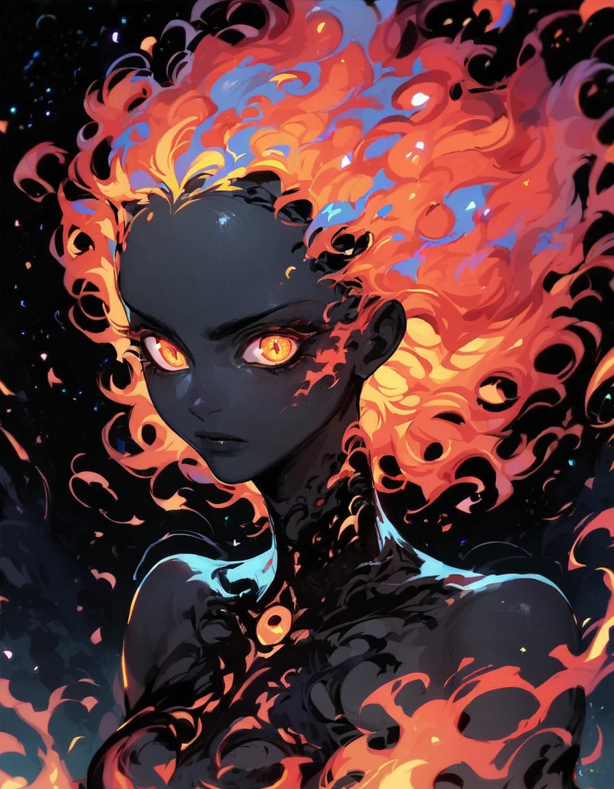 <lora:firexr_v1.0:0.36> score_9, score_8_up, score_7_up, firexr, rating_questionable, source_anime, 1girl, portrait, multicolored hair, fringe, bare shoulders, upper body, cosmic, fiery hair, black background, black skin