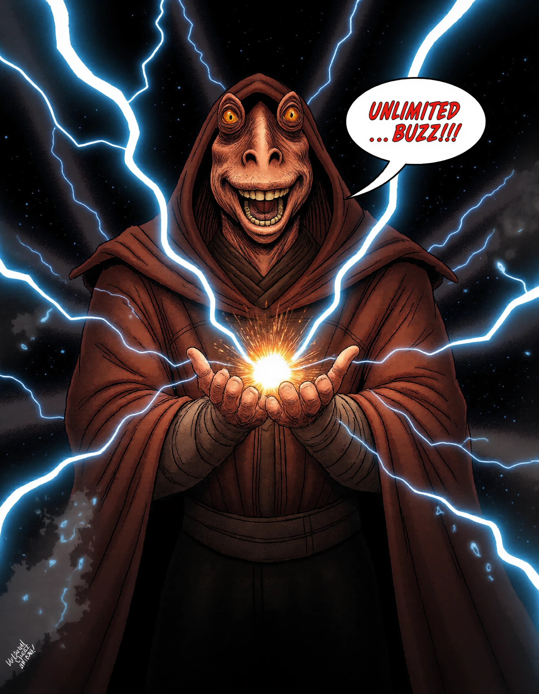 This is an extract from a comic book following the adventures of ((Darth_Jar)), a powerful gungan Sith lord in the Star Wars Universe. Darth_Jar is showing off his immense power by summoning thunderbolts from his hands, so many that they cover most of the background.The point of view is below him. The darkness around him partially obscures him; the only light source is the thunderstorm ((produced from his fingertips)), his hands towards the sky. He is laughing like a maniac, his mouth fully open in a sadistic grin with (his eyes wide open). There is one (big comic balloon on his right) saying ((UNLIMITED... BUZZ!!!")) in bold, big letters, like Darth_Jar is screaming.  <lora:Darth_Jar_Flux:1>, <lora:TextimproverV0.4:0.5>,