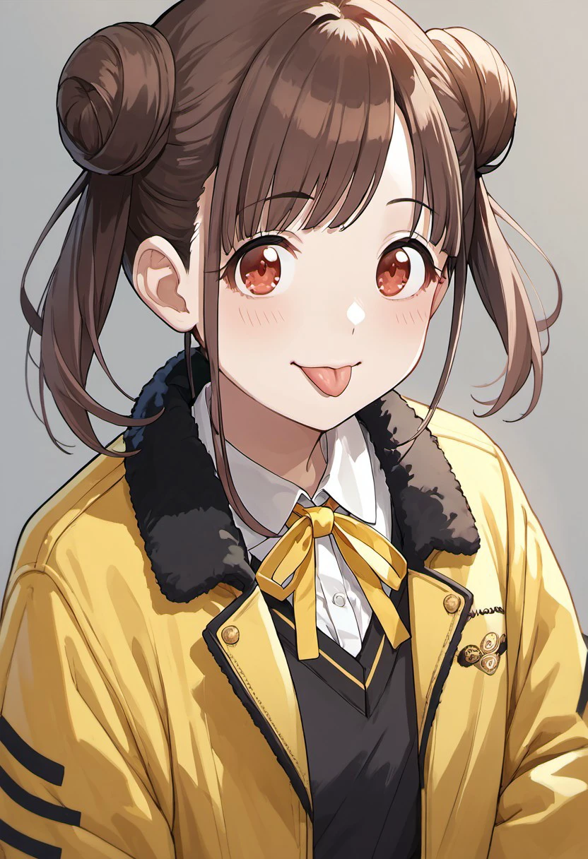 score_9, score_8_up, score_7_up, source_anime, sonoda chiyoko, brown hair, red eyes, 1girl, solo, tongue out, tongue, hair bun, double bun, twintails, yellow ribbon, jacket, ribbon, neck ribbon