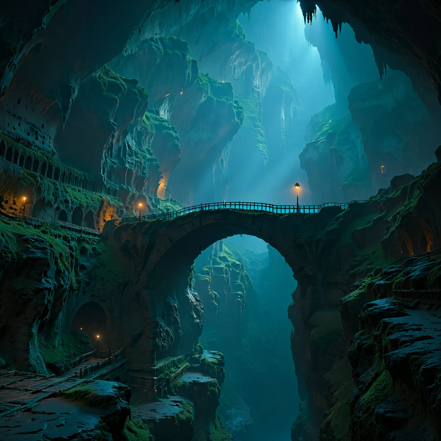 scenery, landscape, bridge, cave, underground, dark, dim light, best quality, masterpiece, 4k, uncensored, prefect lighting, rating_explicit, very aesthetic, detailed, <lora:add_details_xl:0.6>, very detailed, <lora:SDXLHighDetail_v5:0.6>, <lora:elesdxl:1>, elementalplaneearth