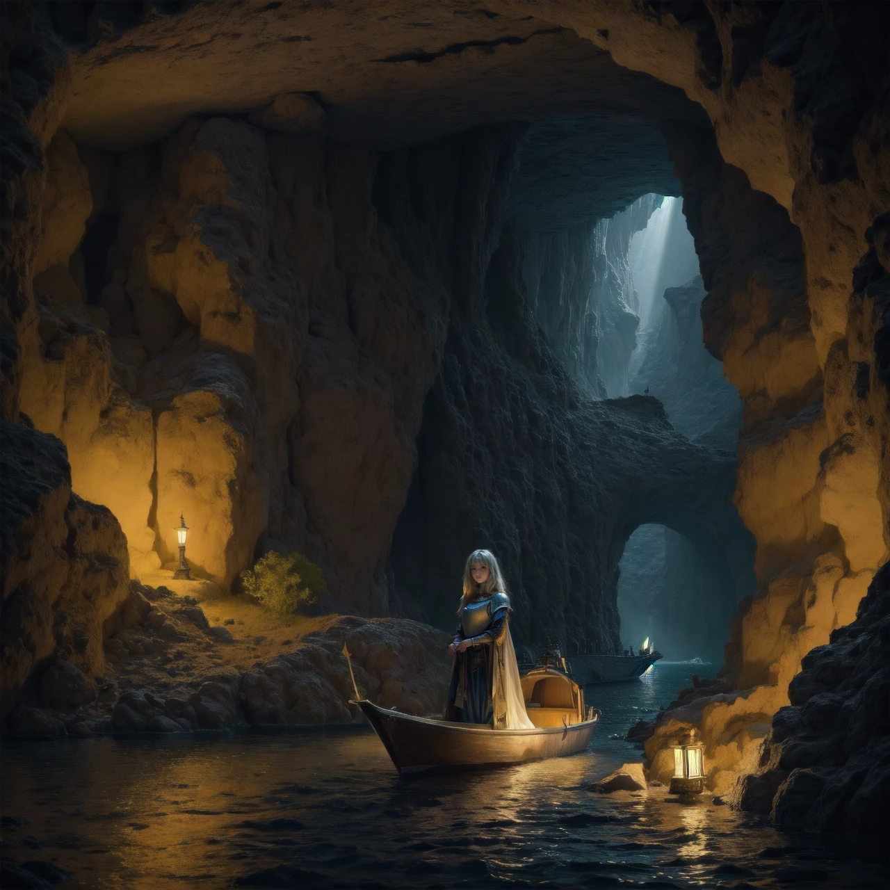 1girl, knight, underground, lake, boat, dim light, <lora:elepw:1>, elementalplaneearth, <lora:more_details:0.6>, high quality, highres, masterpiece, best quality, 8k, intricate, detailed, <lora:add_detail:0.6>, very detailed