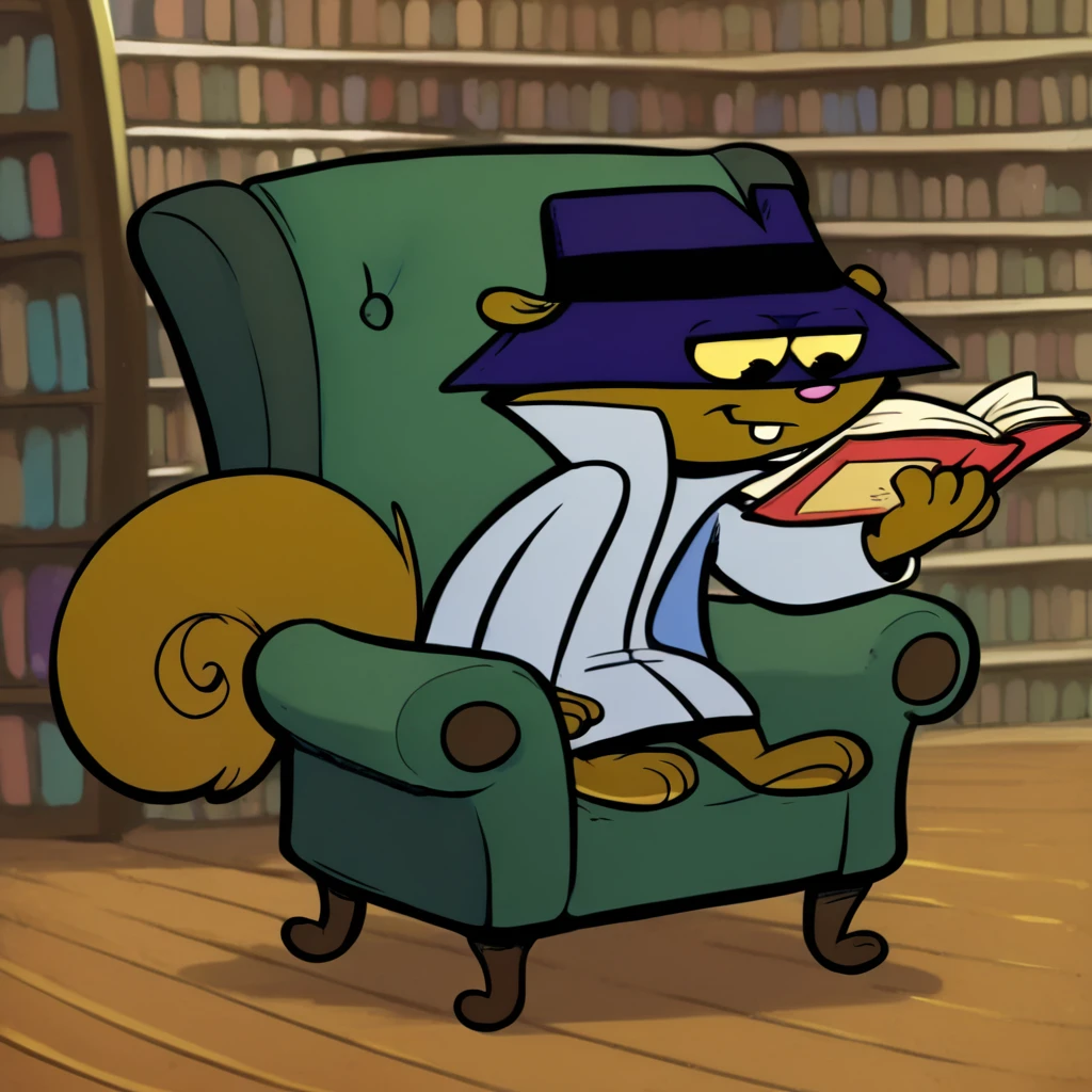 score_9,score_8_up,score_7_up, score_6_up,
ssssq, squirrel, spy hat, open trench coat, bucktooth, 1boy, brown fur, pink oval nose, eyes visible through hat, slim body, short legs,

3 toes, full body, (((in a library))), (((sitting in a fancy sofa chair))), reading a thick book