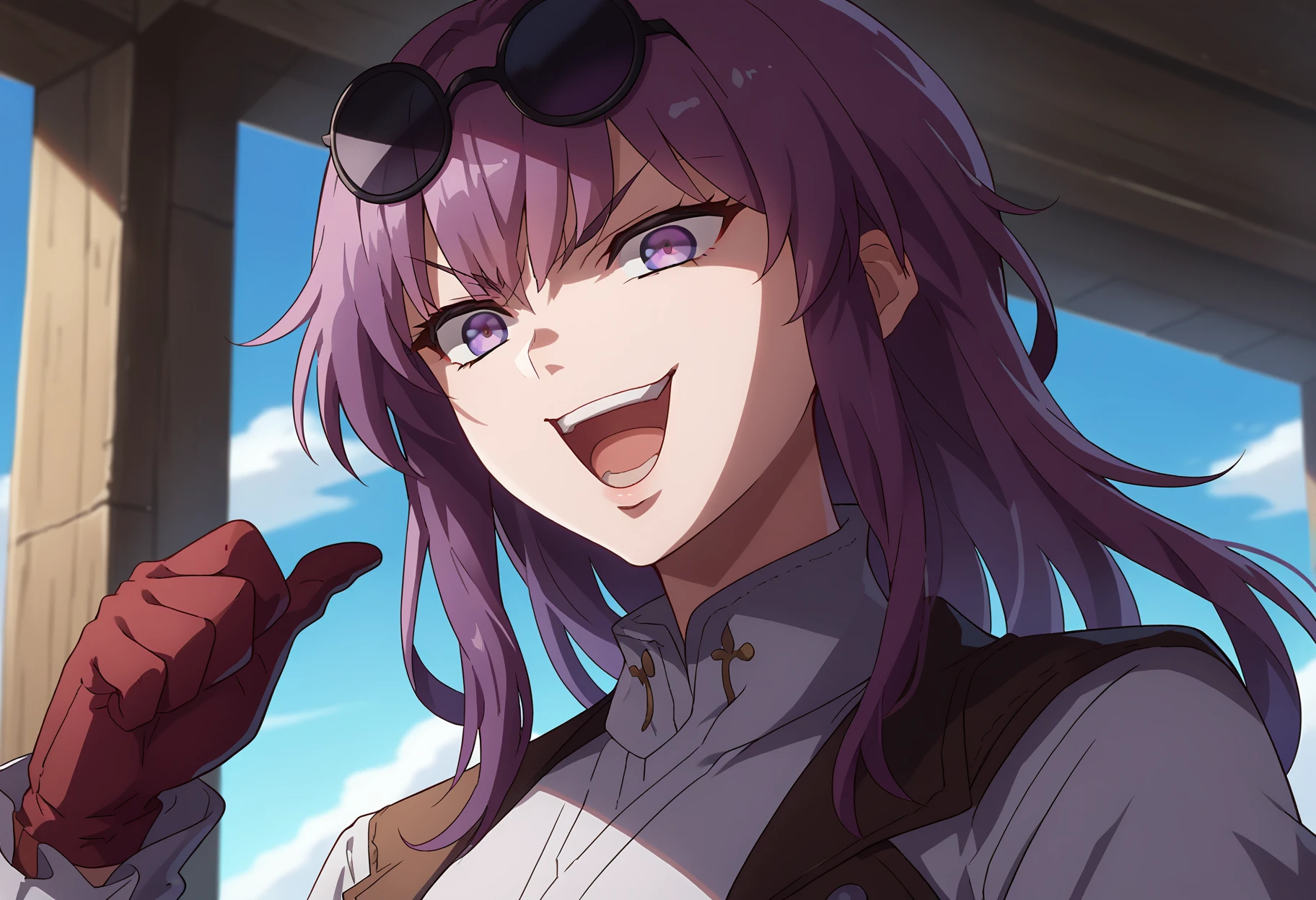 score_9, score_8_up, score_7_up, source_anime,
BREAK
<lora:shiDioV2:1.0>, konodiopose, pointing, parody, meme,
smile, open mouth, style parody, shaded face, v-shaped eyebrows, 
1girl, solo, cowboy shot, 
<lora:kafuka-pony-Tanger:0.6> kafuka, eyewear on head, gloves, sunglasses, white shirt, purple hair, long hair, long sleeves, purple eyes, jacket,