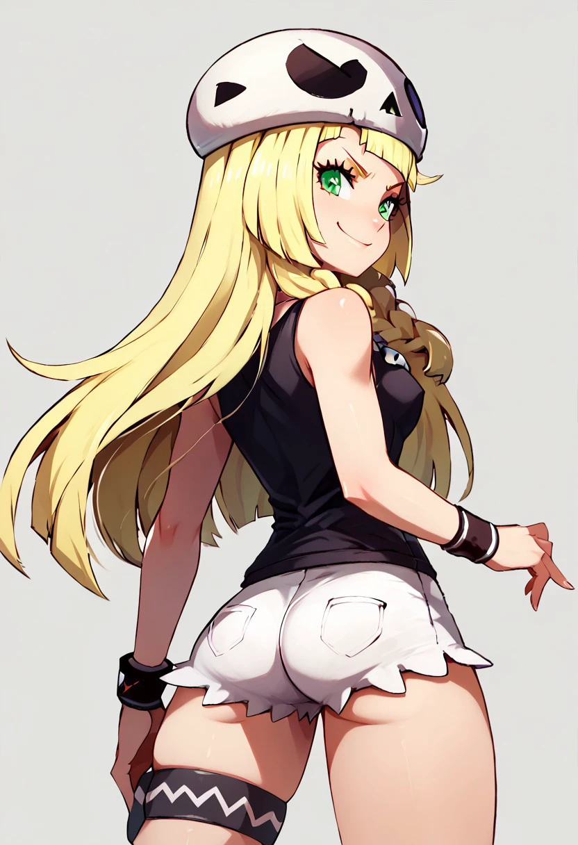 score_9, score_8_up, score_8, medium breasts, (curvy), cute, eyelashes,       
BREAK,
zzSkullLillie, long hair, blonde hair, green eyes, smug, smirk, hat, tank top, wristband, sleeveless, white shorts, shirt, jewelry, short shorts, thigh strap, skull necklace, 
BREAK,
looking at viewer, 
,,,
smile, upper body, leaning forward, (v),
from behind, ass, skindentation, thick, 
,,,
zPDXL, Expressiveh,