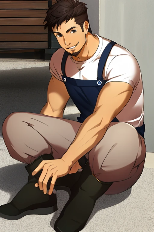 (masterpiece),(best_quality),1boy,Kongouzu,goatee,bare shoulders,white shirt,blue apron,beige pants,boots,sitting,smile,<lora:Kongouzu:1>,