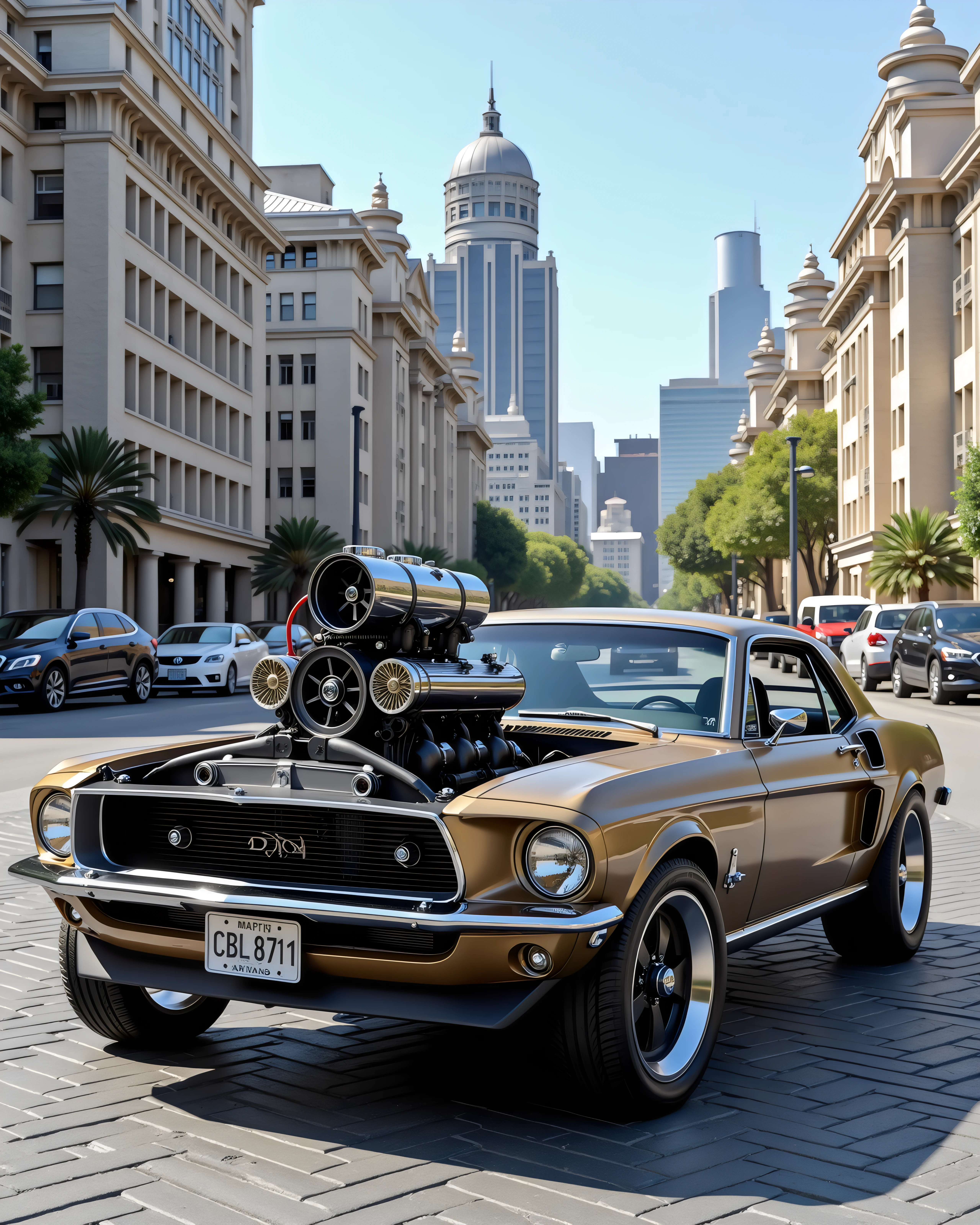 a vintage muscle car parked in a major city with a massive engine built in, vr00m