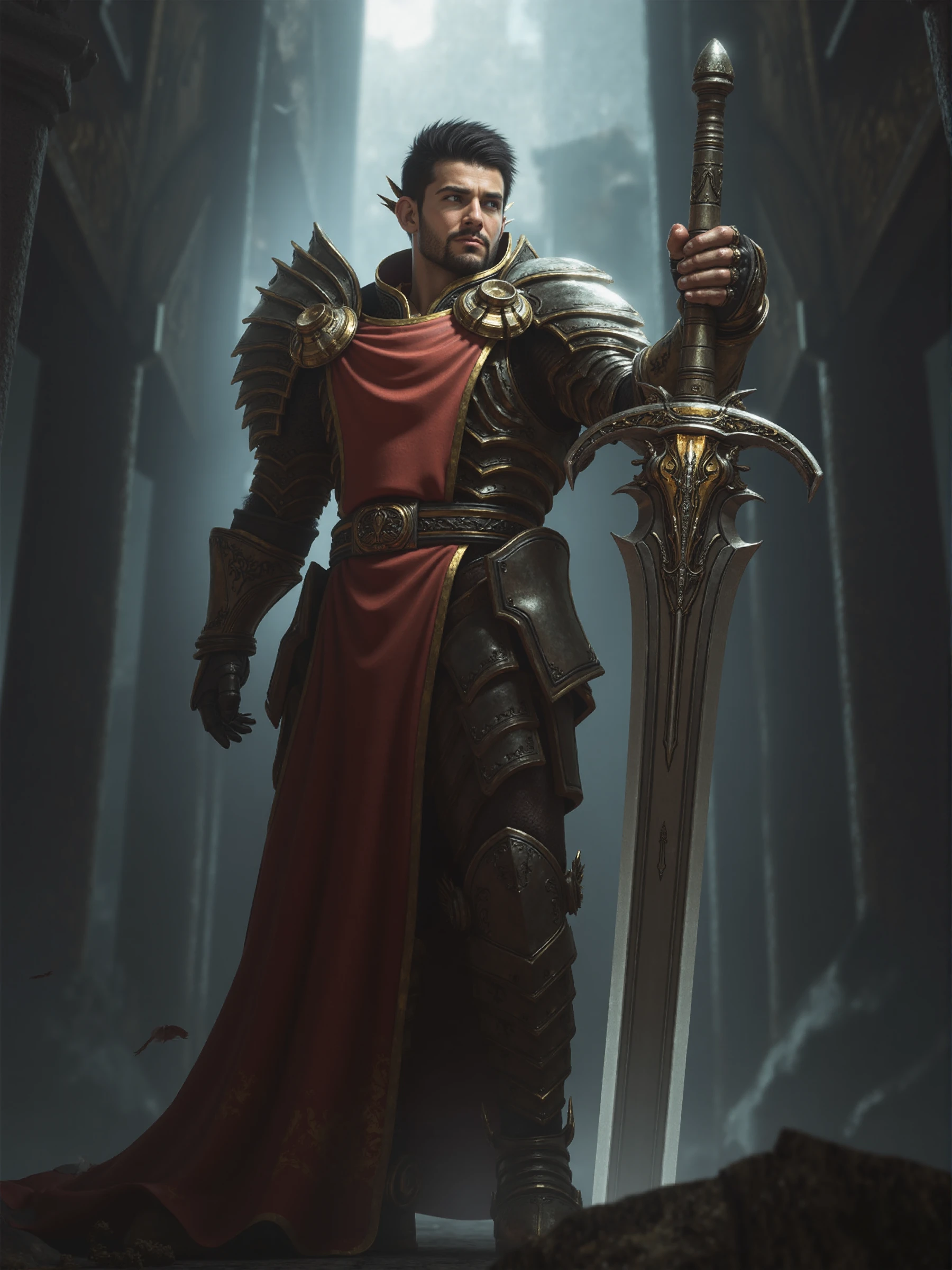 Archangel-bylaushine,3D artwork of a handsome man holding an intricate sword,looking_away and standing in castle,