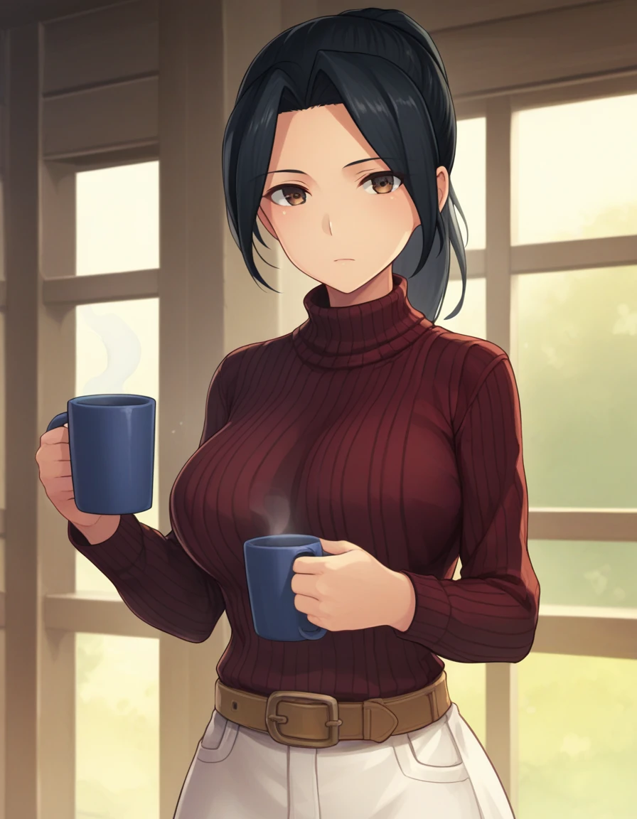 score_9, score_8_up, score_7_up BREAK 1girl, solo, yamano kaoruko, black hair, ponytail, parted bangs, brown eyes, big breasts, dark red sweater, ribbed sweater, turtleneck, white skirt, medium skirt, belt, holding mug, looking at viewer, cowboy shot, indoors, sunlight <lora:yamano_kaoruko_pdxl_v1:0.8>