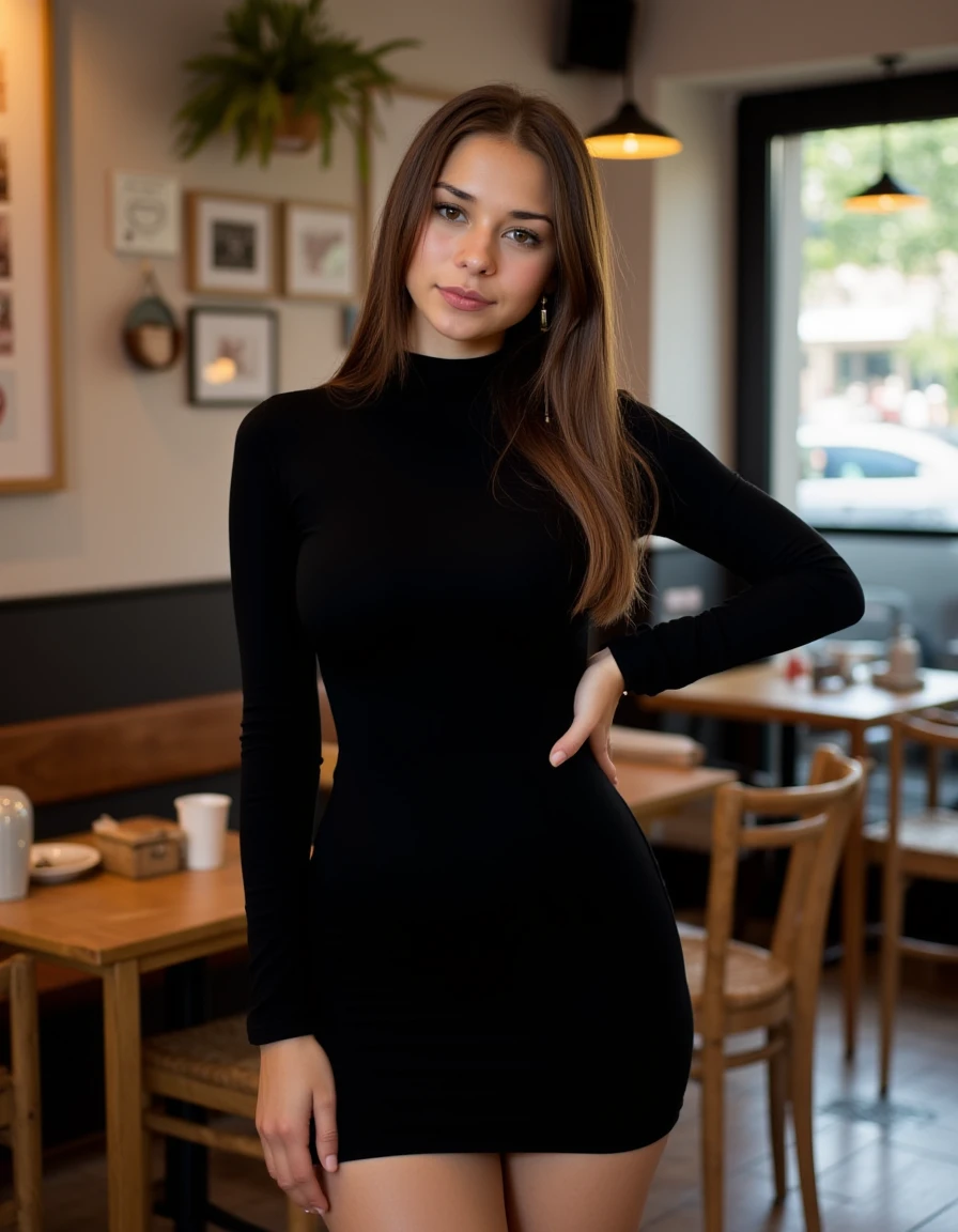 <lora:Sophie_Rain_Flux:1> The image is a high-resolution photograph of a young woman  likely in her mid-20s, fresh-faced look with minimal  natural makeup look with a hint of pink lipstick. Wearing  dark black form-fitting, mini dress with long sleeves tha...