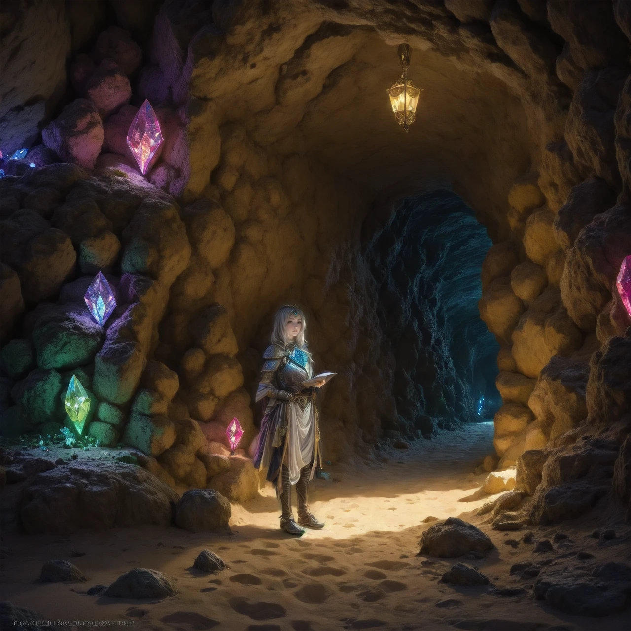 1girl, knight, standing, underground passage, gems, sand, rocks, dim light, <lora:elepw:0.8>, elementalplaneearth, <lora:more_details:0.6>, high quality, highres, masterpiece, best quality, 8k, intricate, detailed, <lora:add_detail:0.6>, very detailed