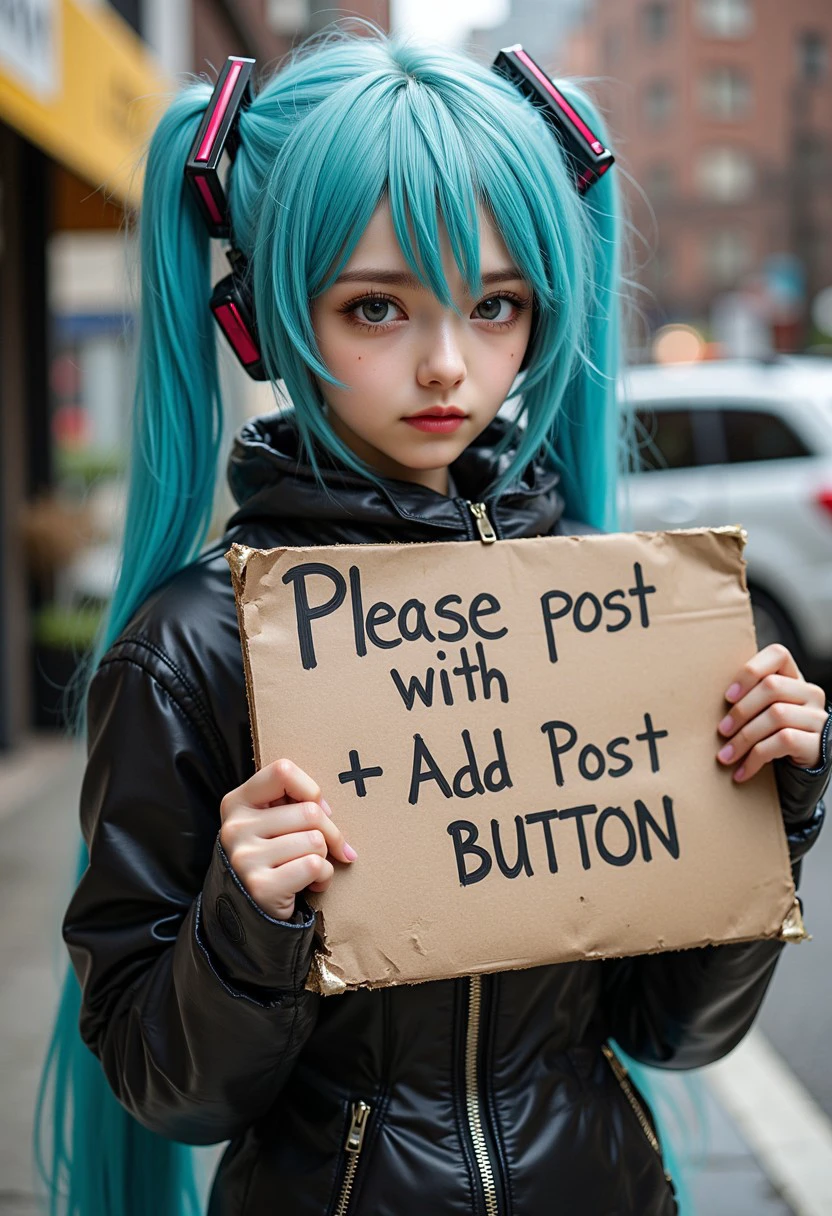 poor dirty Hatsune Miku on a dirty dingy street corner begging, she is holding a sign that reads "Please post with + Add Post button" written in marker, she has messy air and dirty clothes, her face is also dirty. She has a sad look on her face. Her eyes convey her desperation and longing for buzz. dystopian, desolate, run down, dirty, filthy, greasy, oily, stained, gross, disgusting. Longing eyes, sad eyes, desperate eyes, look of despair, look of desperation.