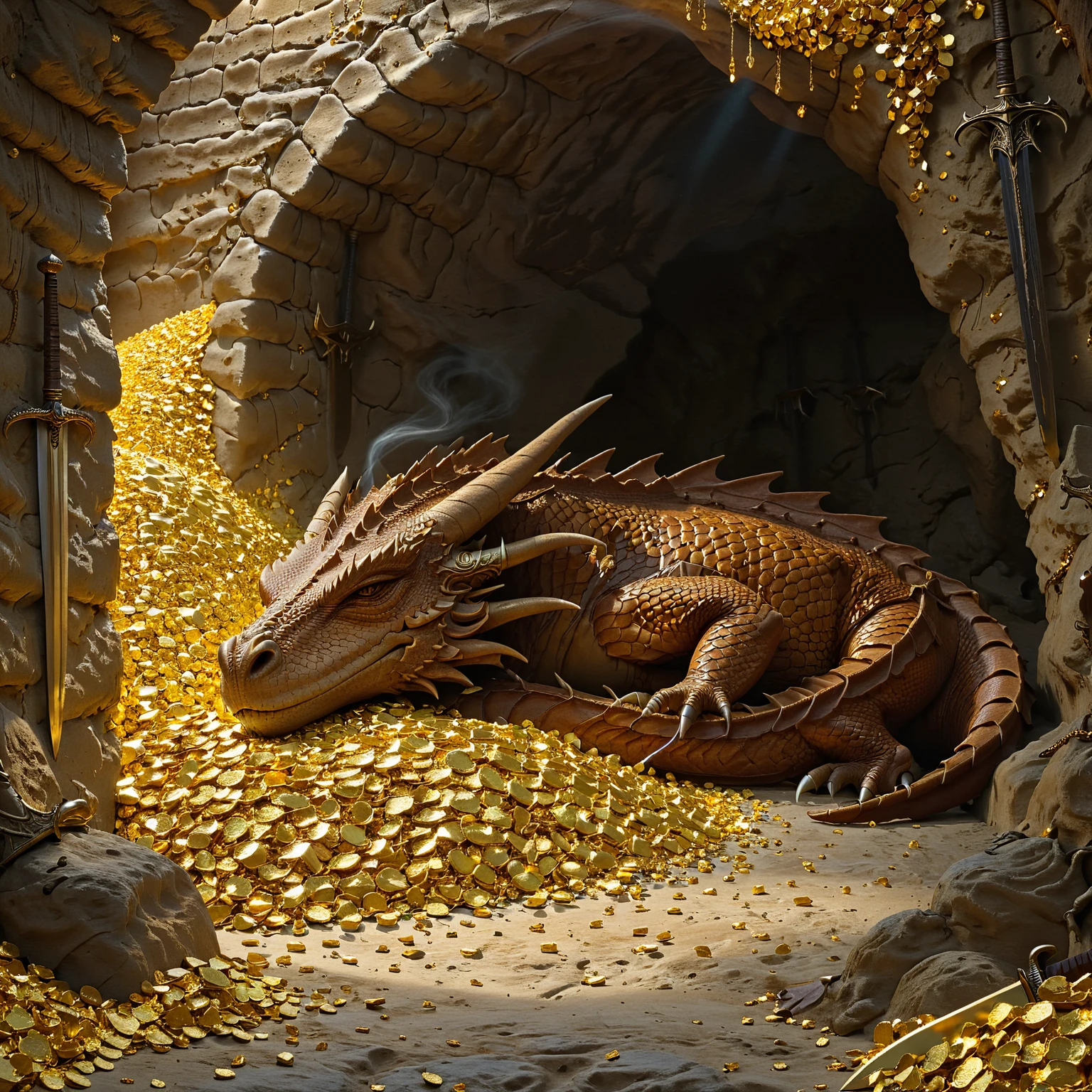 cave, underground, brown dragon, sleeping, gold pile, sword on wall, best quality, masterpiece, 4k, uncensored, prefect lighting, rating_explicit, very aesthetic, detailed, <lora:add_details_xl:0.6>, very detailed, <lora:SDXLHighDetail_v5:0.6>, <lora:elesdxl:1>, elementalplaneearth