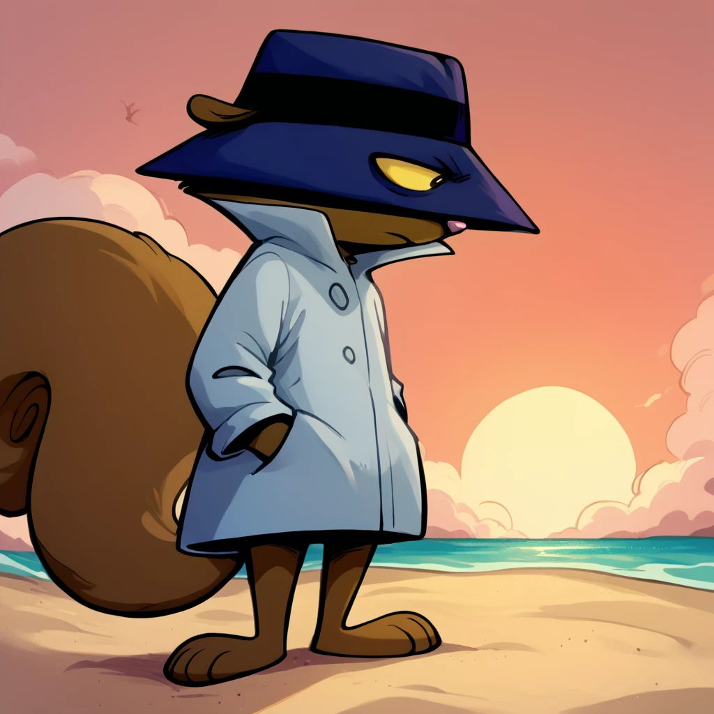 score_9,score_8_up,score_7_up, score_6_up,ssssq, squirrel, spy hat, trench coat, 1boy, hand in pocket, brown fur, pink oval nose, eyes visible through hat, short legs, slim body,

beach setting, large sunset over the horizon, partly cloudy,standing at the shoreline