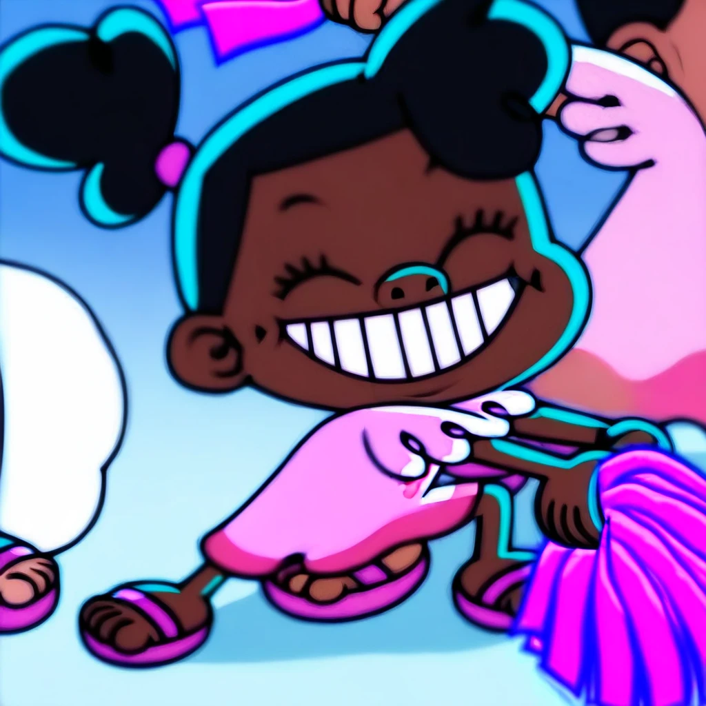 Cartoon girl with a pink bow on her head and a purple shirt, she is dancing. Realistic, super bonito funky preta, rotoscopia, she is dancing, com um fundo preto, animation character, dancing character, animado ainda, estilo animado, look like someone is dancing, evil standing smiling pose, animation style, design de personagens animados, smiling and dancing