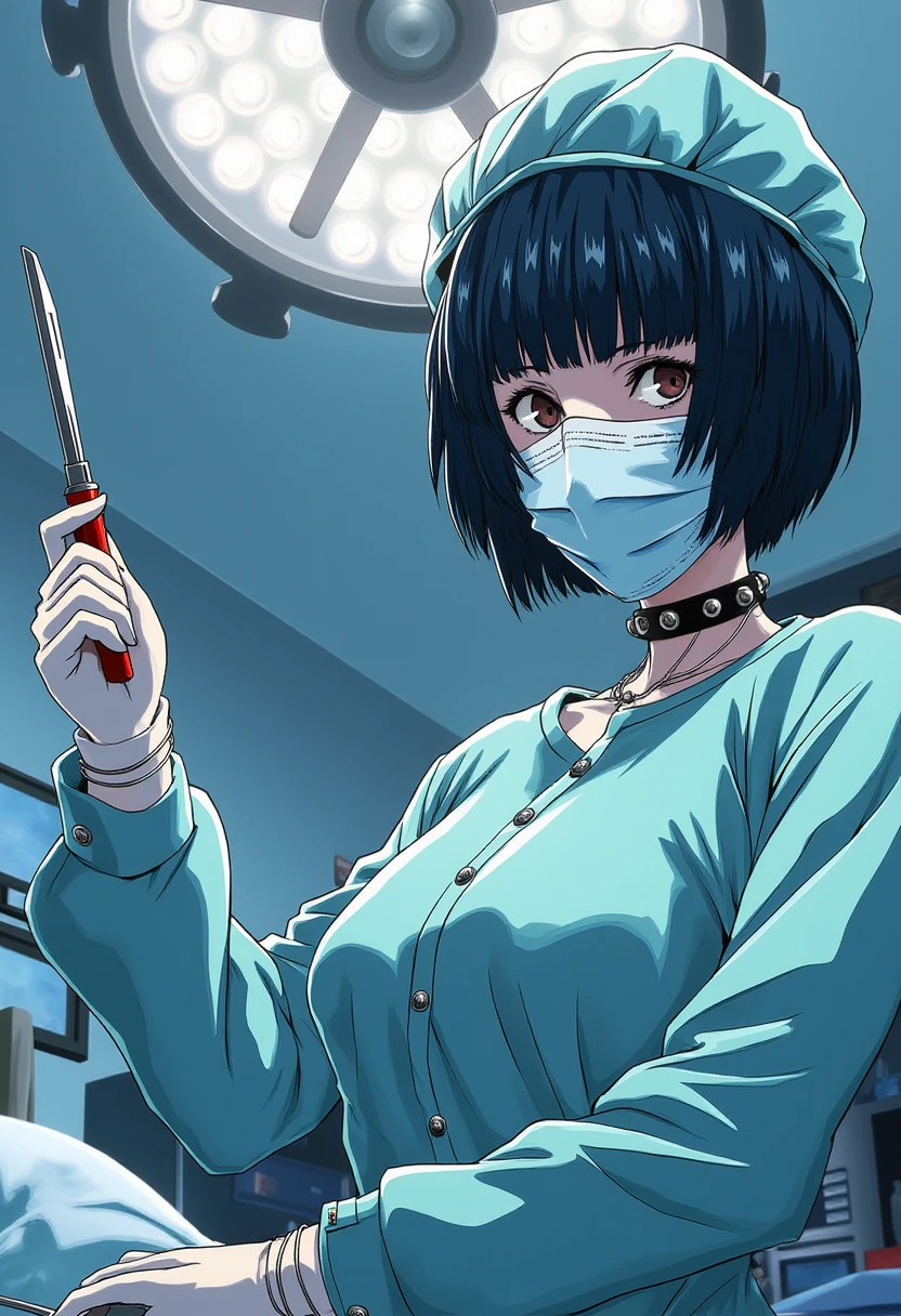 A detailed solo portrait of  takemi_tae. She wears a choker.
Anime style, sharp, high contrast and highly detailed., 
<lora:Takemi Tae v2_epoch_15:1>, 
She is wearing a full set of long-sleeved surgical attire, including a long-sleeved surgical gown, surgical cap, mask, and gloves. She is looking at the viewer, holding a scalpel. She wears a surgical mask that covers her face, and the puffy surgical cap fully wraps around her hair. The surgical gown is crew neck, with her neck exposed. Make sure she wears the cap and mask. No uncovered head, no uncovered face. The setting is a modern operating room with a clean and sterile environment. The background includes surgical equipment. A large shadowless lamp overhead. No oversized surgical gown.