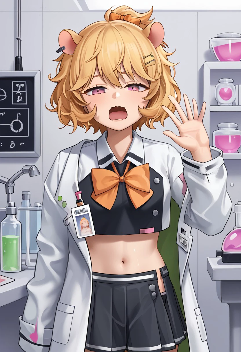 1girl, highres, solo, Eimi_Isami, animal ears, blonde hair, bangs, short hair, pink eyes,
orange bow, navel, midriff, black skirt, pleated skirt, crop top, collared shirt,
jacket, labcoat, long sleeves, sleeves past wrists, open clothes, off shoulder, id card,
closed mouth, yawning, hand up, laboratory, rubbing eyes, half-closed eyes, messy hair, wavy mouth, dark,