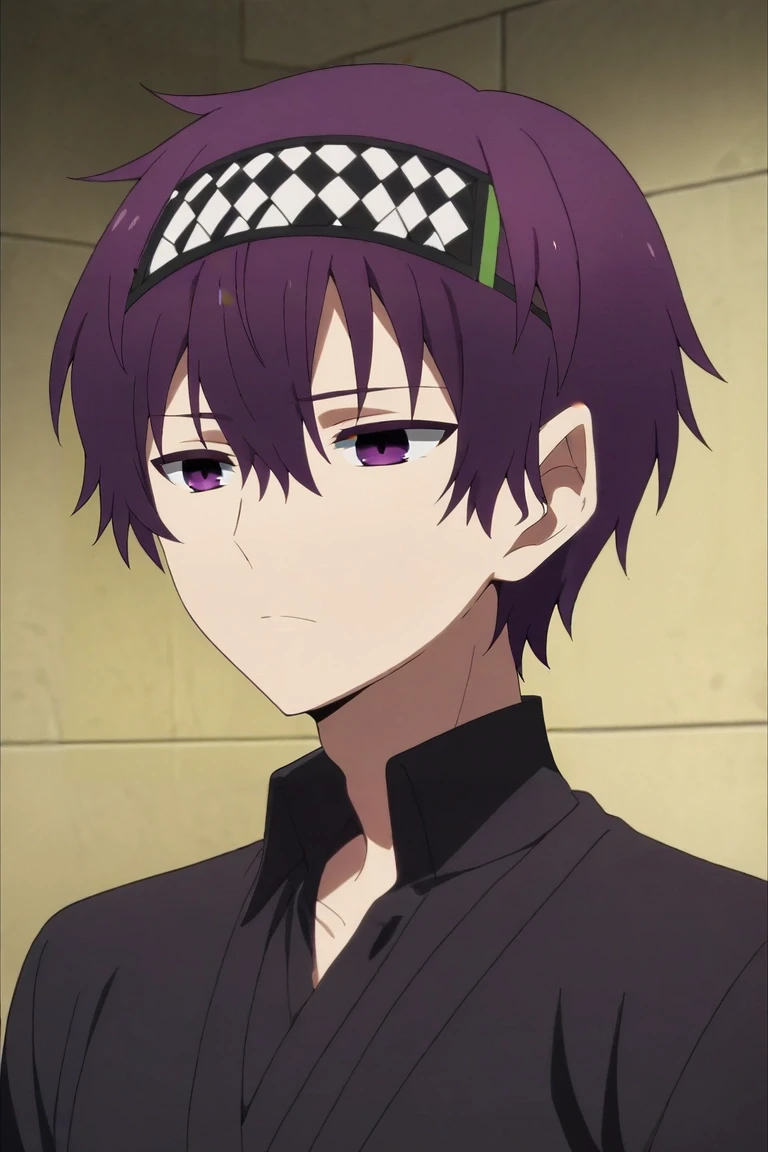 score_9, score_8_up, score_7_up, , rating_safe, intricate details, anime screencap, , , , , 1boy, solo, male focus, <lora:makino_aikawa_pony:0.76>, makino_aikawa, purple hair, purple eyes, short hair, hair between eyes, bangs, headband, upper body, pyramid, indoors, light, the pose, sad, , <lora:sdxl_lightning_8step_lora:1>