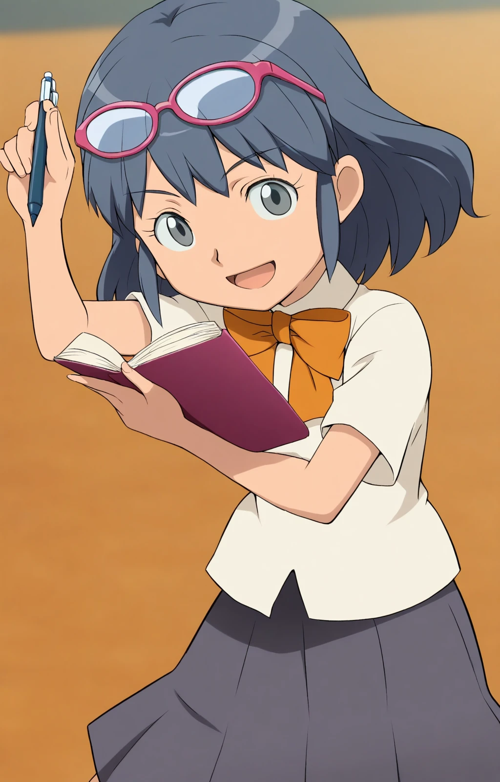 (inazuma eleven, official style:0.2), blurry background, masterpiece, best quality, 1girl, haruna, grey eyes, eyewear on head, white shirt, orange bowtie, skirt <lora:Otonashi_Haruna_IllustriousXL:1>, looking at viewer, holding book, holding pen, pose, open mouth, smile